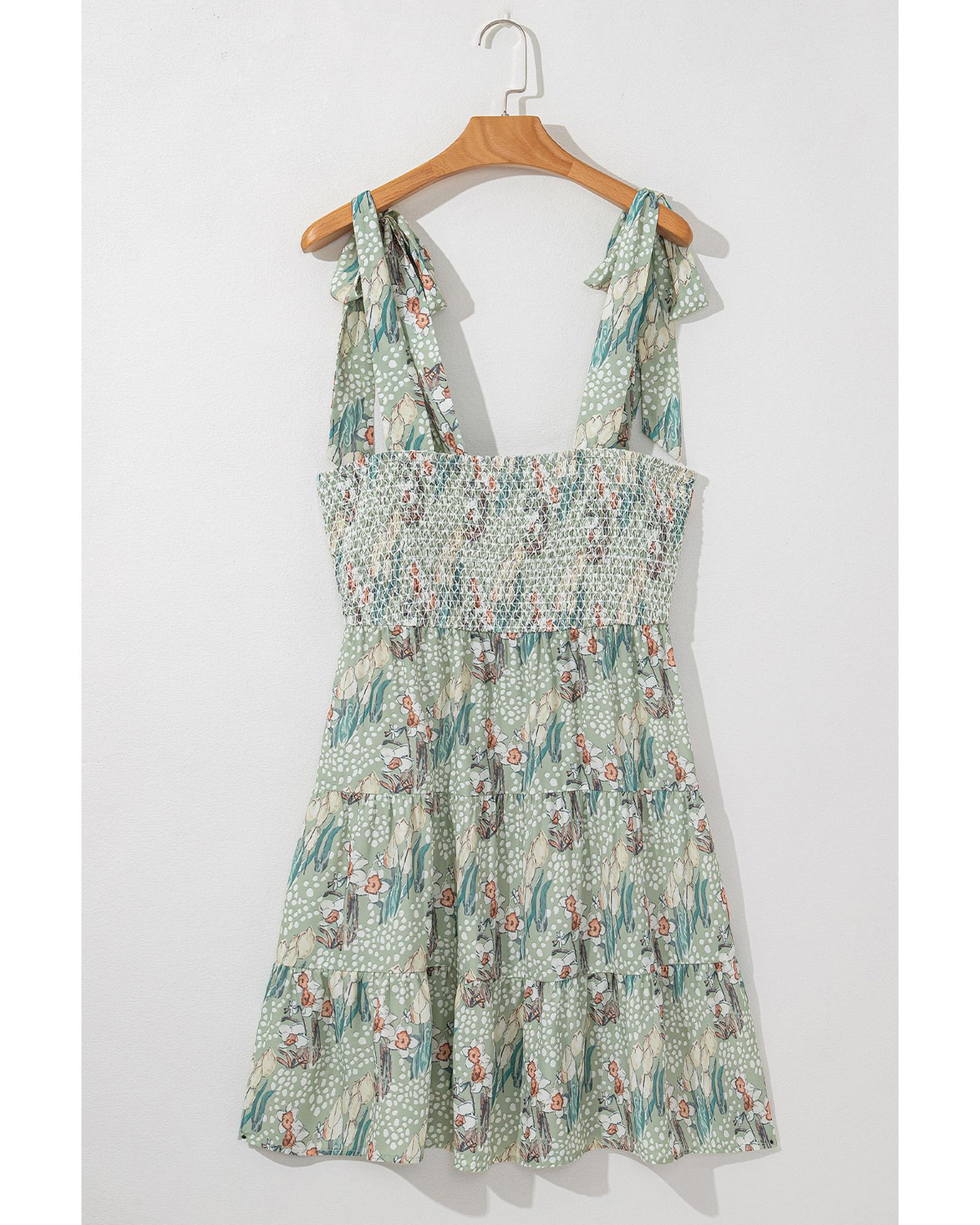Gray Floral Knotted Strap Smocked Tiered Ruffle Mini Dress - L 6