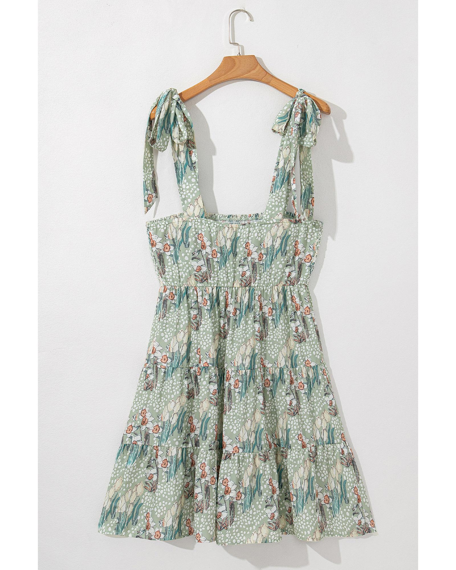 Gray Floral Knotted Strap Smocked Tiered Ruffle Mini Dress - M 5
