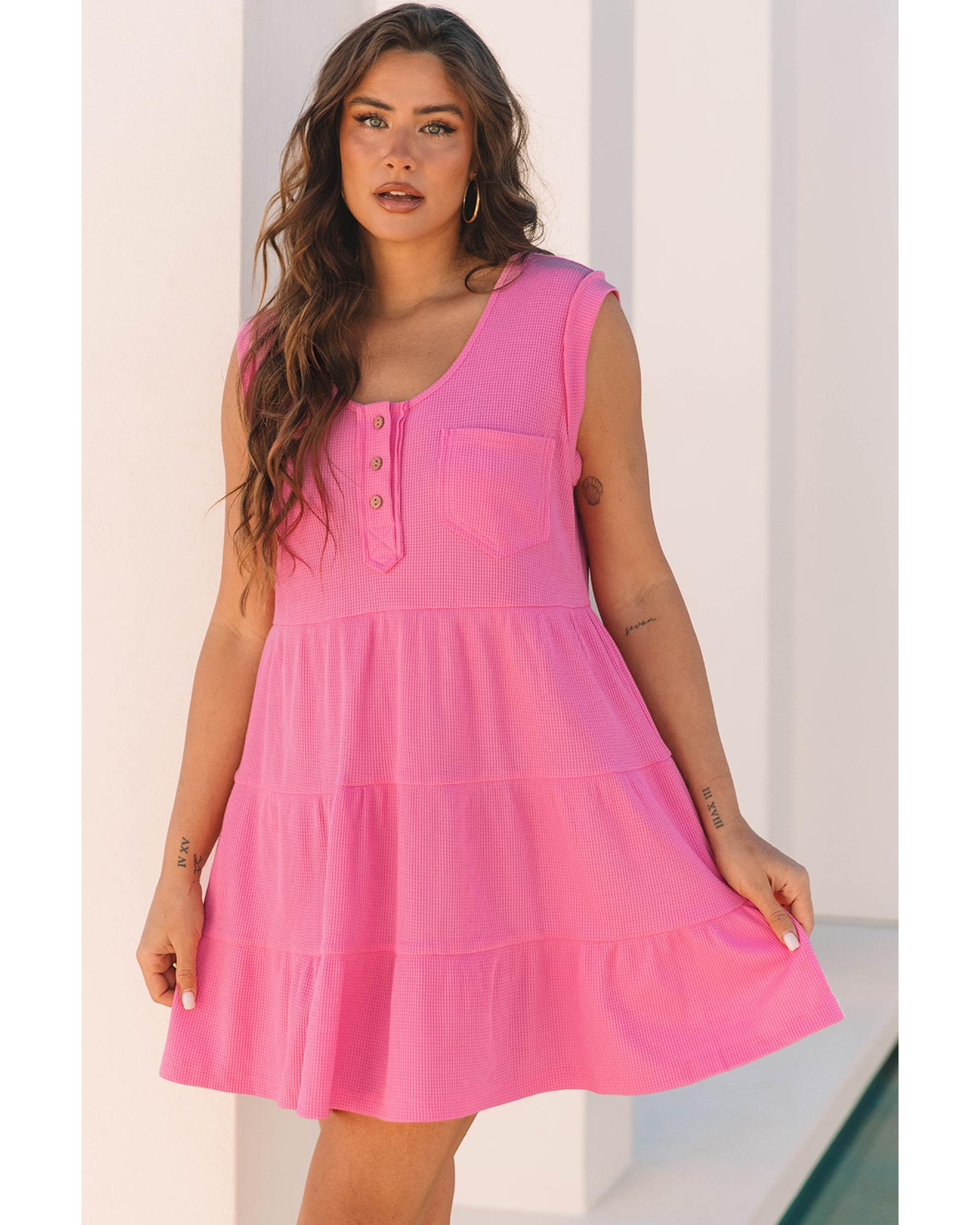 Bright Pink Waffle Textured Button Round Neck A-line Tiered Sleeveless Dress - L 4