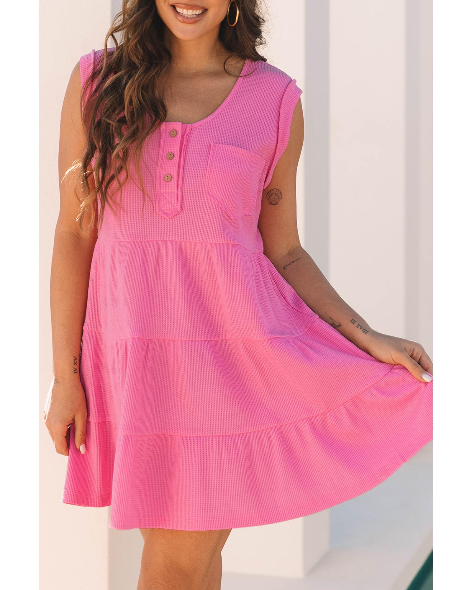 Bright Pink Waffle Textured Button Round Neck A-line Tiered Sleeveless Dress - L 6