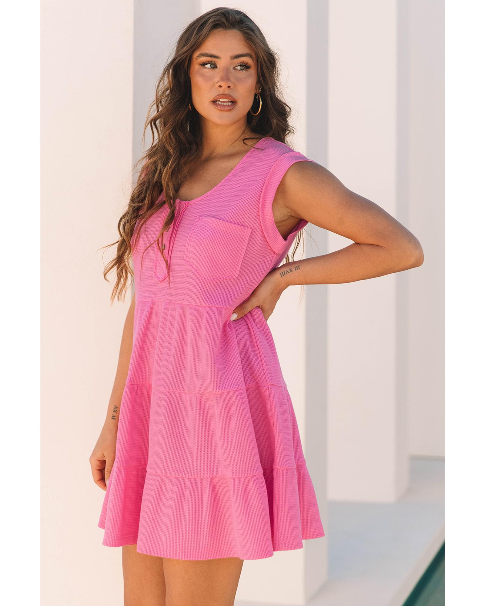 Bright Pink Waffle Textured Button Round Neck A-line Tiered Sleeveless Dress - M 3