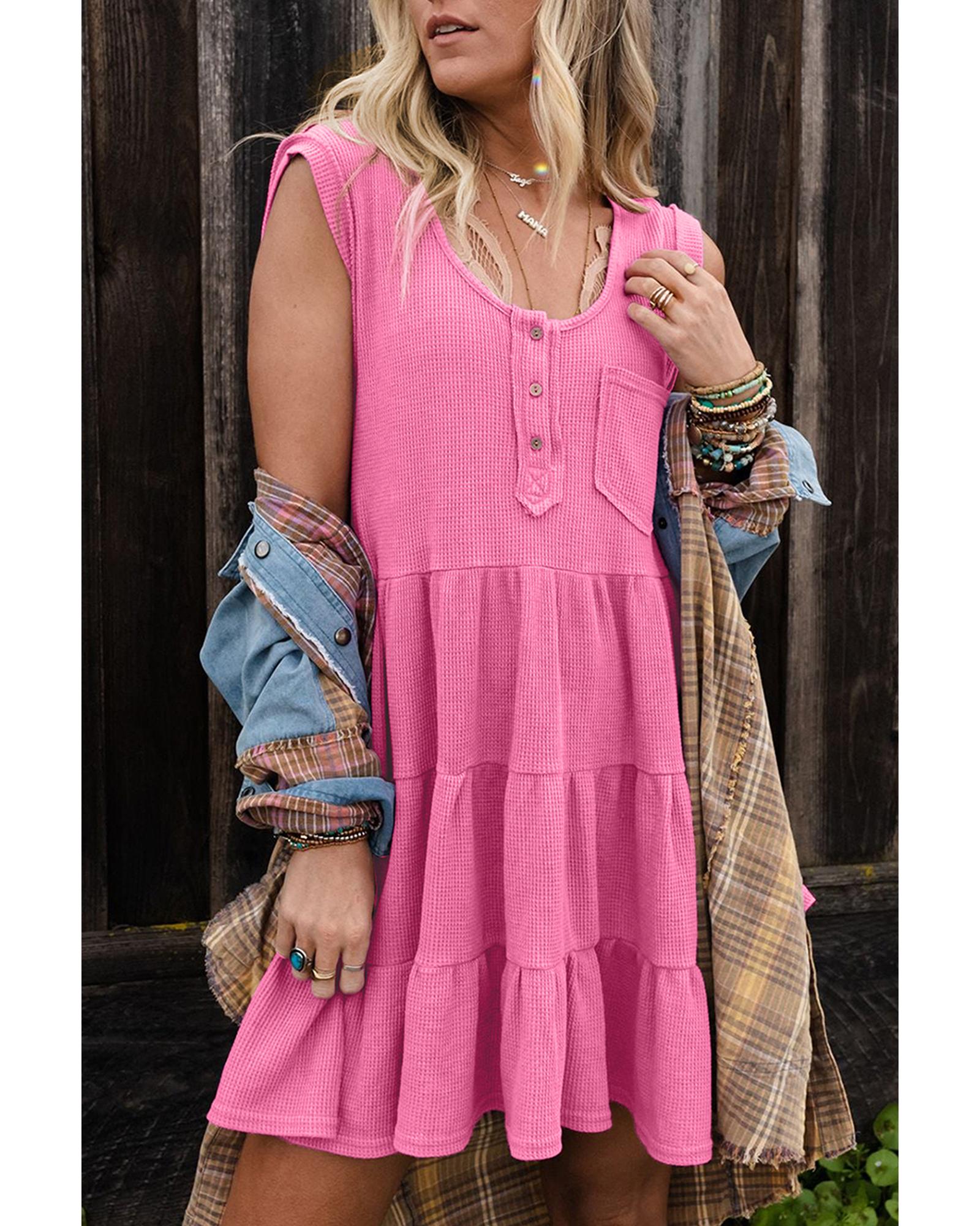 Bright Pink Waffle Textured Button Round Neck A-line Tiered Sleeveless Dress - M 7