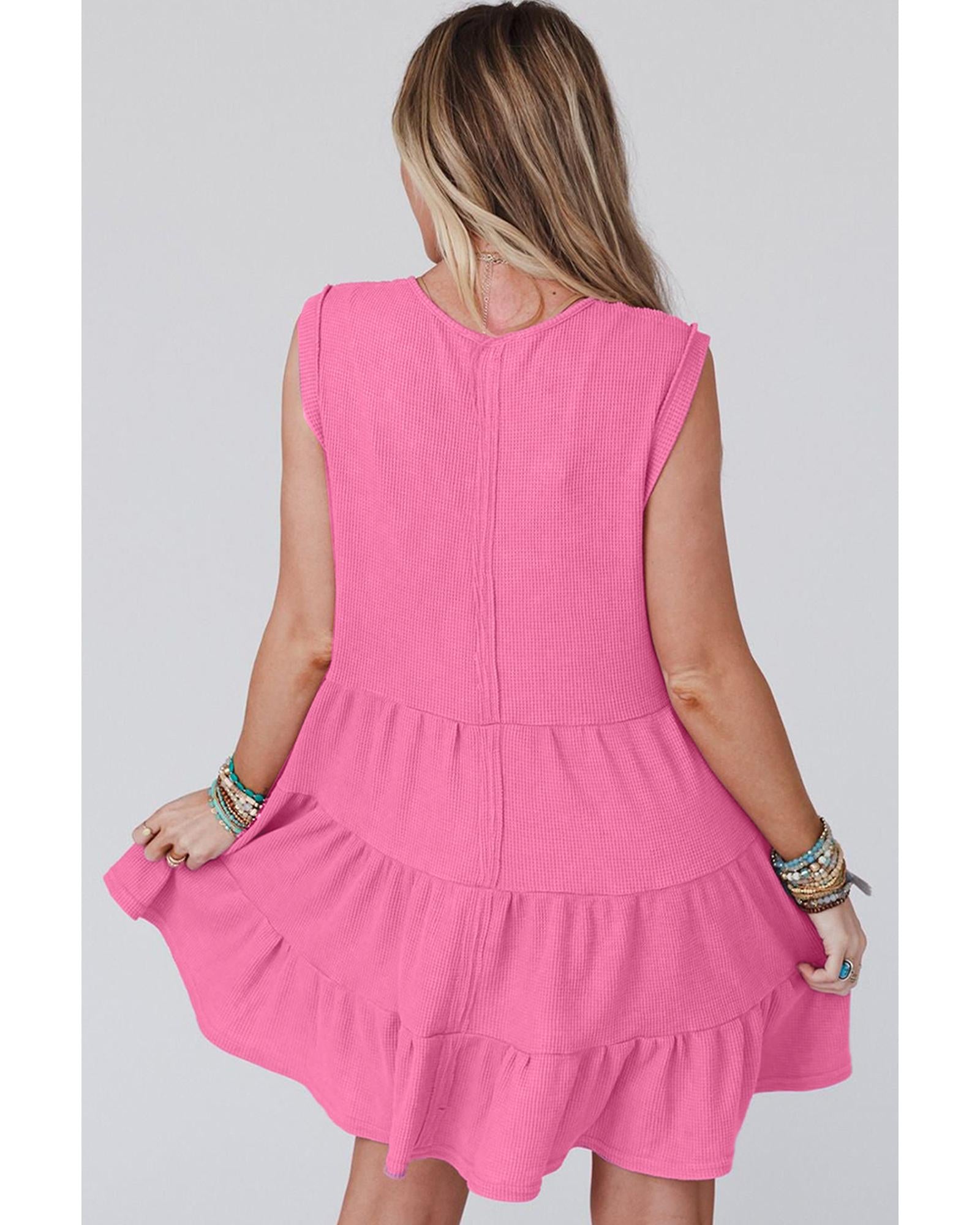 Bright Pink Waffle Textured Button Round Neck A-line Tiered Sleeveless Dress - M 8