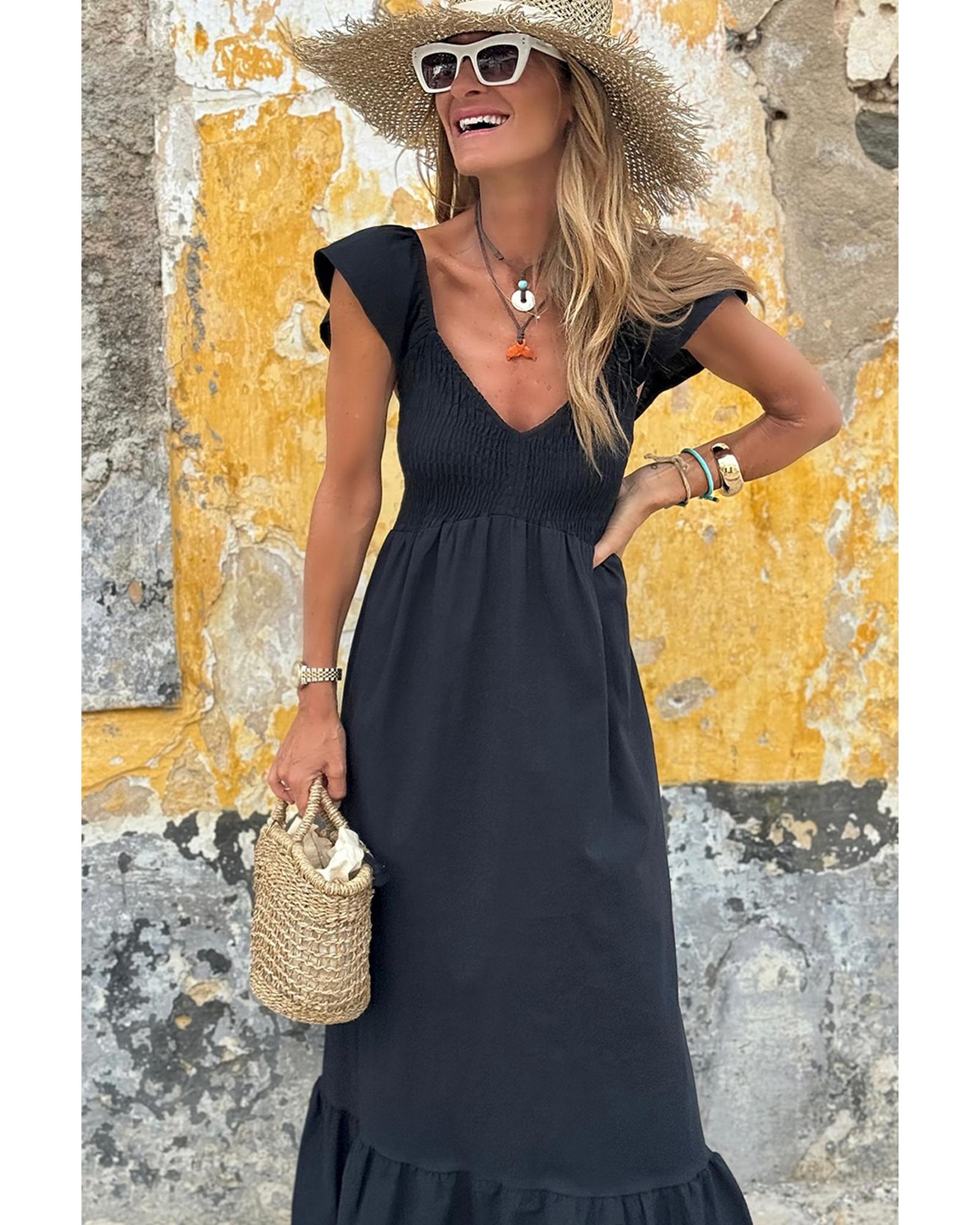 Black V Neck Flutter Sleeve Smocked Bodice High Waist Ruffle Maxi Dress - M