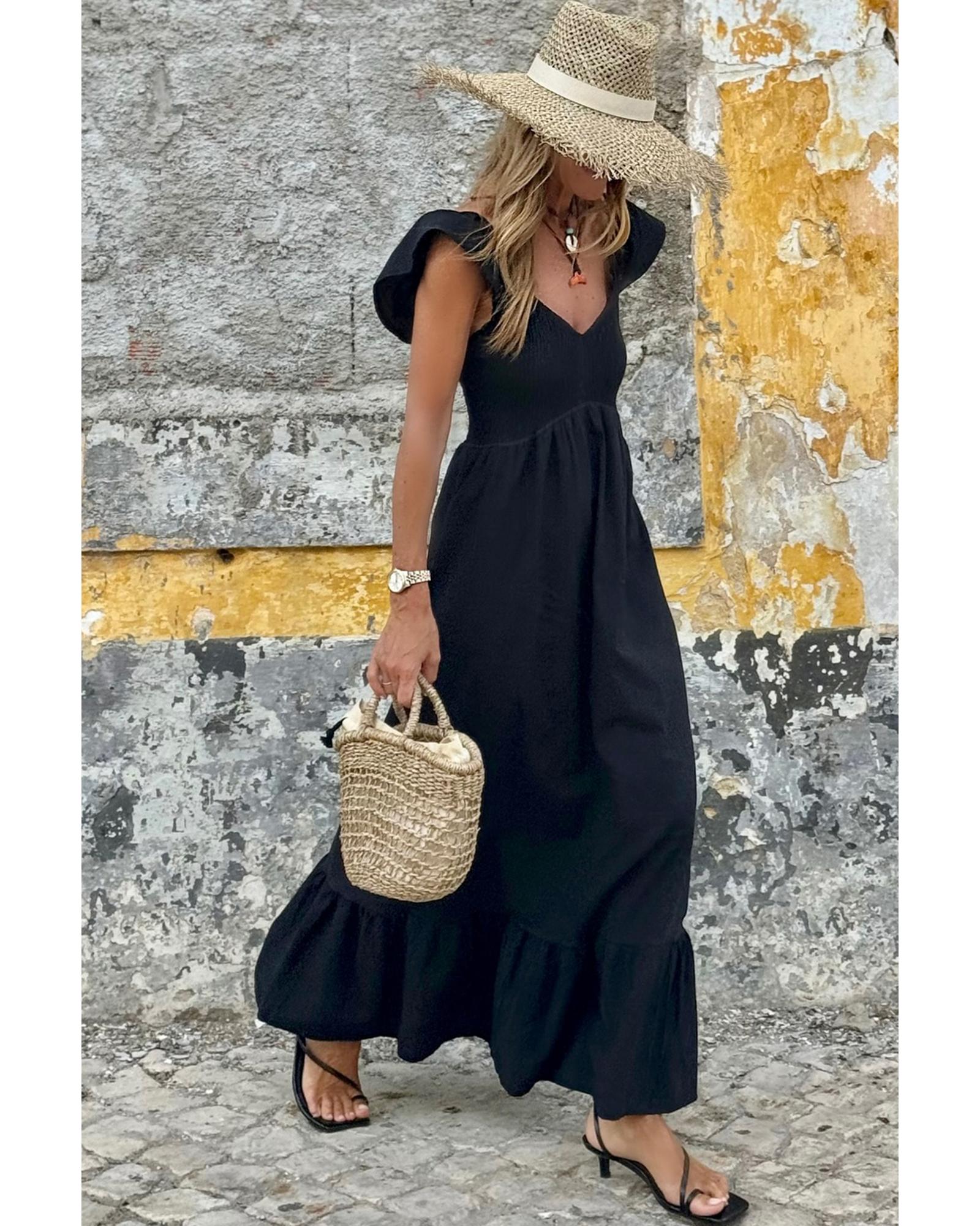 Black V Neck Flutter Sleeve Smocked Bodice High Waist Ruffle Maxi Dress - S 6