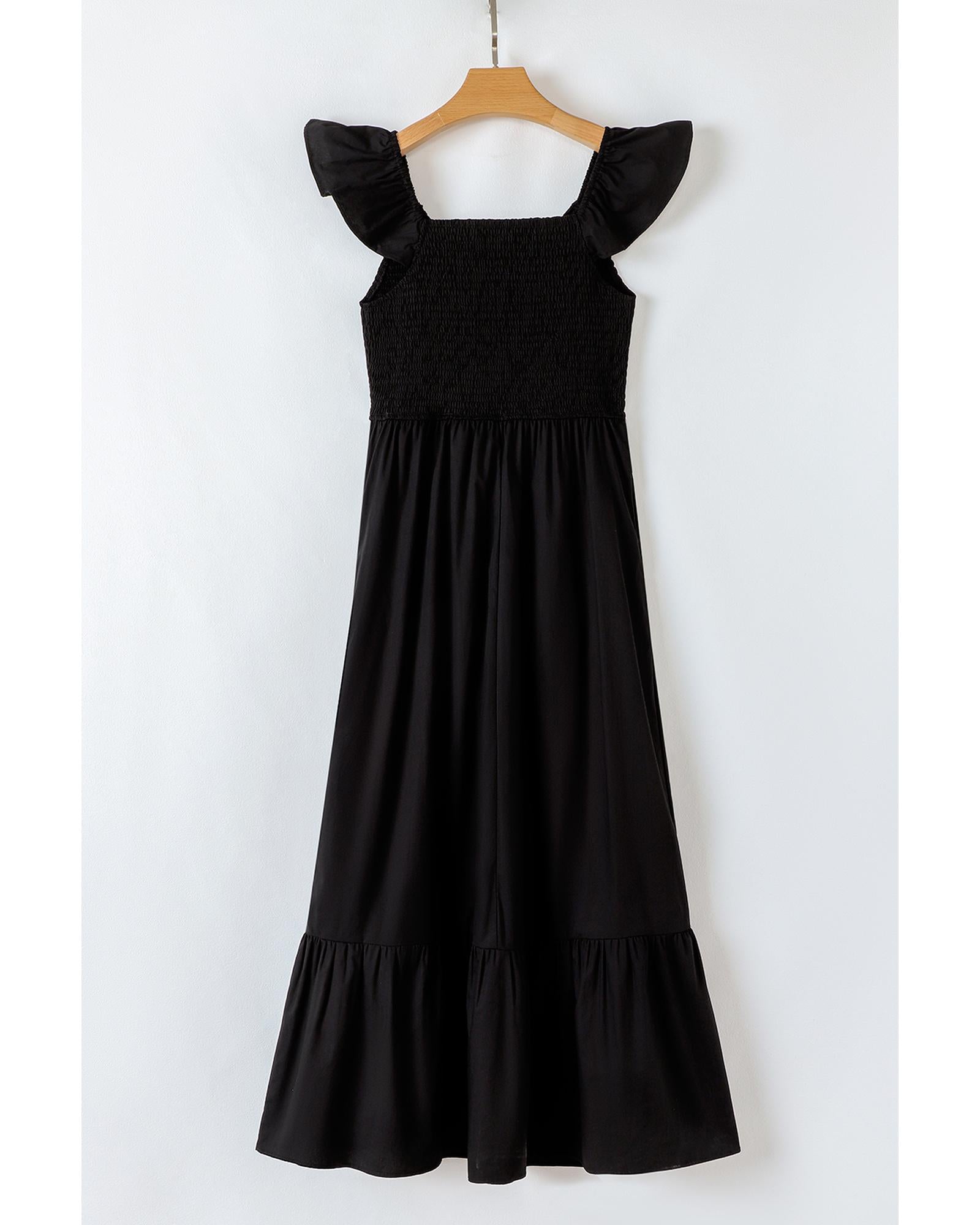 Black V Neck Flutter Sleeve Smocked Bodice High Waist Ruffle Maxi Dress - S 8