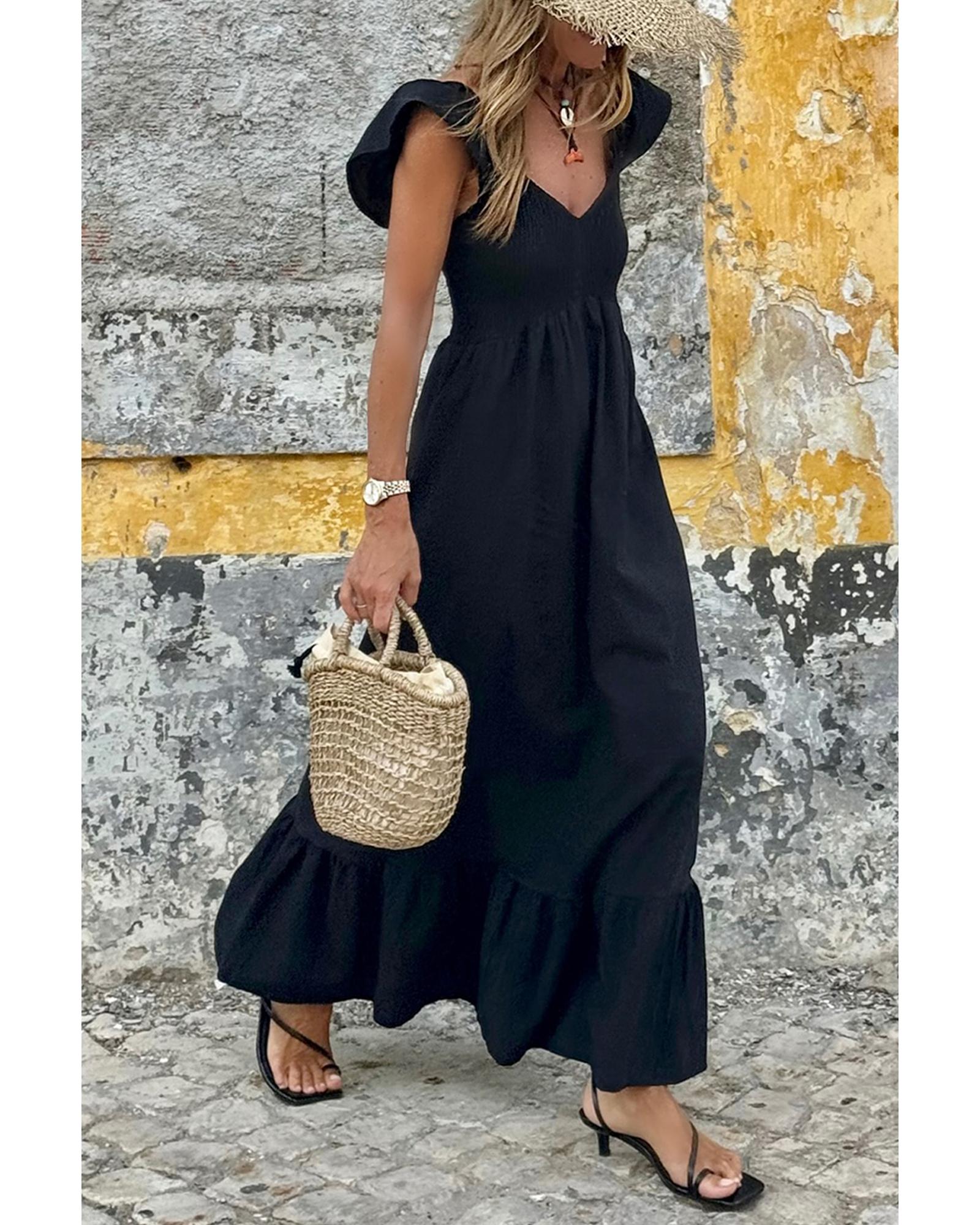 Black V Neck Flutter Sleeve Smocked Bodice High Waist Ruffle Maxi Dress - XL