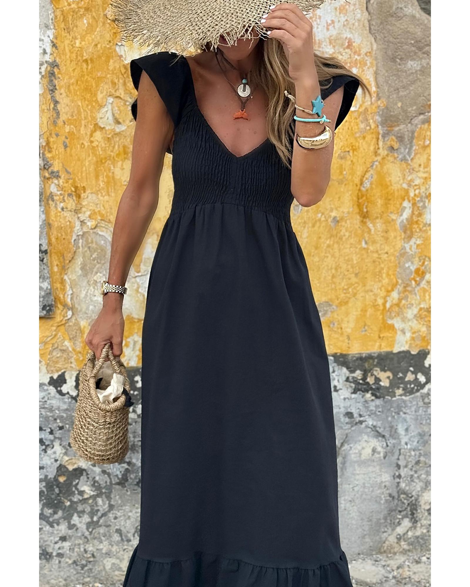 Black V Neck Flutter Sleeve Smocked Bodice High Waist Ruffle Maxi Dress - XL 4