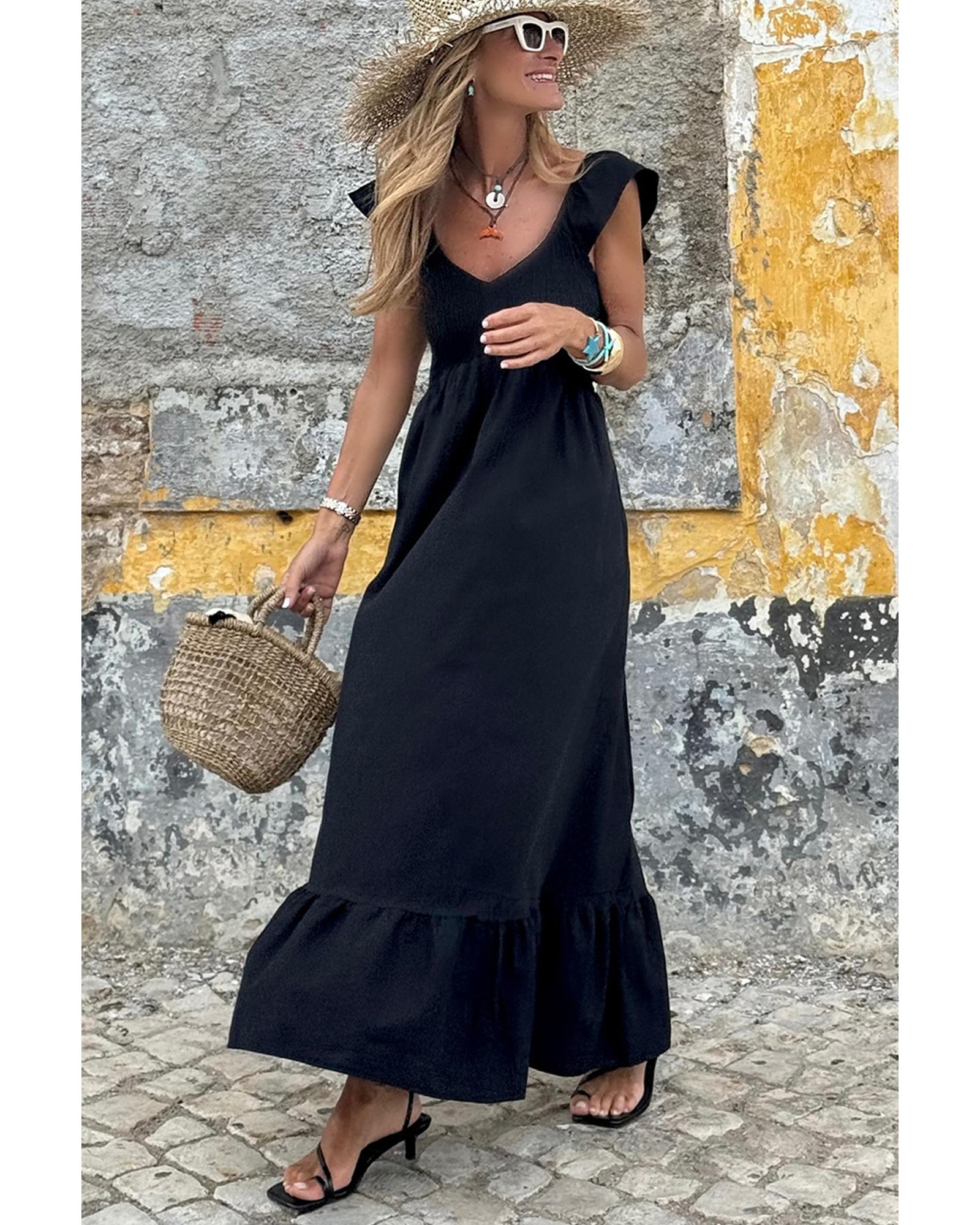 Black V Neck Flutter Sleeve Smocked Bodice High Waist Ruffle Maxi Dress - XL 5