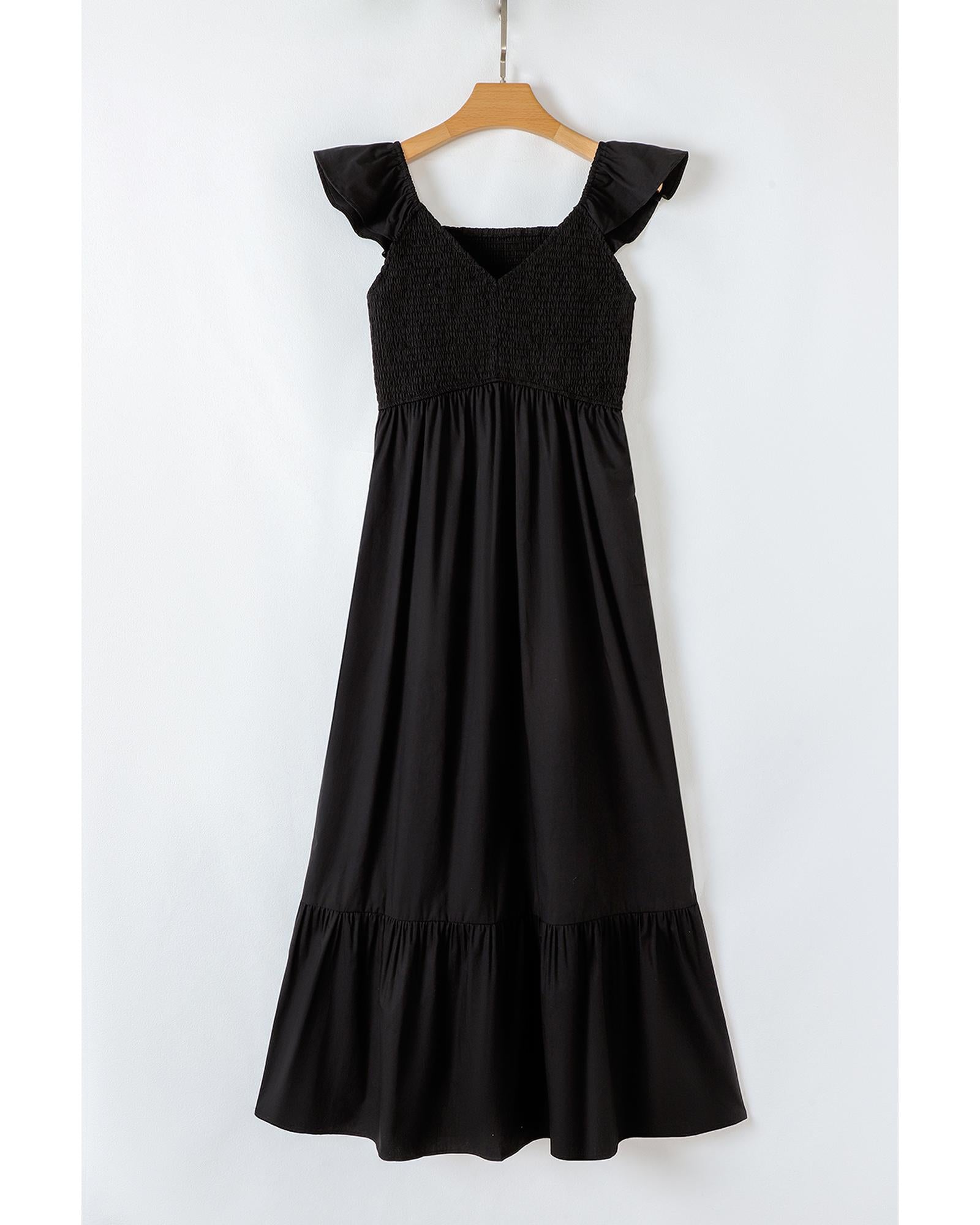Black V Neck Flutter Sleeve Smocked Bodice High Waist Ruffle Maxi Dress - XL 7