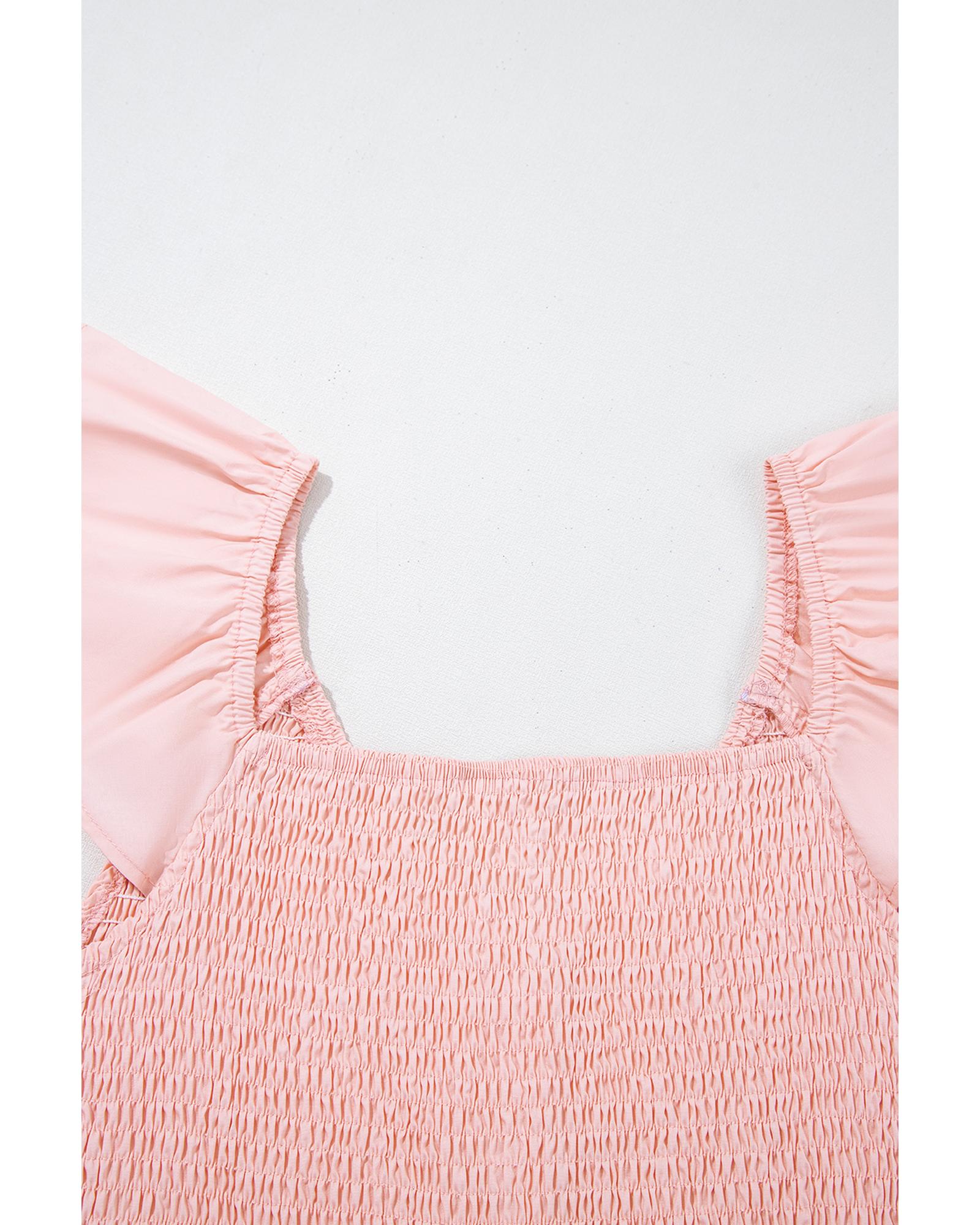 Pink V Neck Flutter Sleeve Smocked Bodice High Waist Ruffle Maxi Dress - L 7