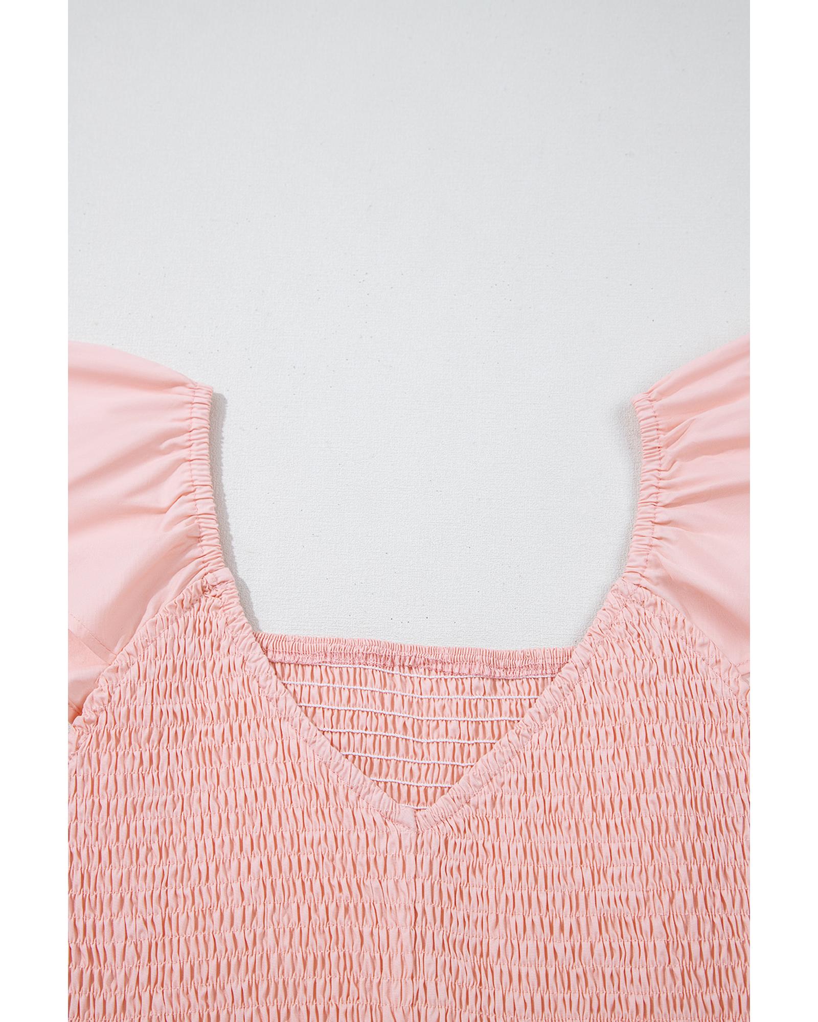 Pink V Neck Flutter Sleeve Smocked Bodice High Waist Ruffle Maxi Dress - M 6