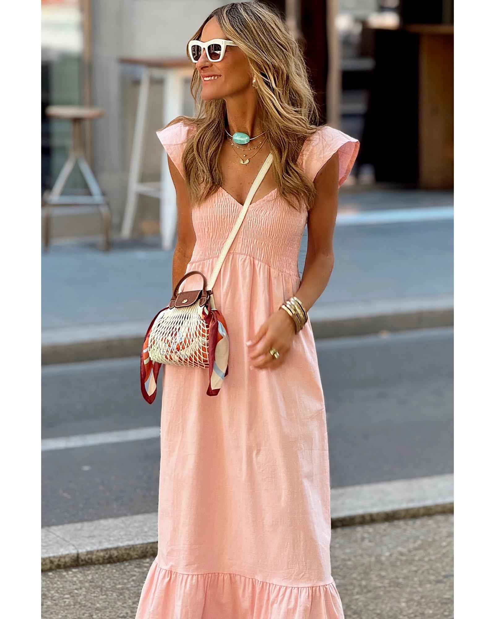 Pink V Neck Flutter Sleeve Smocked Bodice High Waist Ruffle Maxi Dress - S