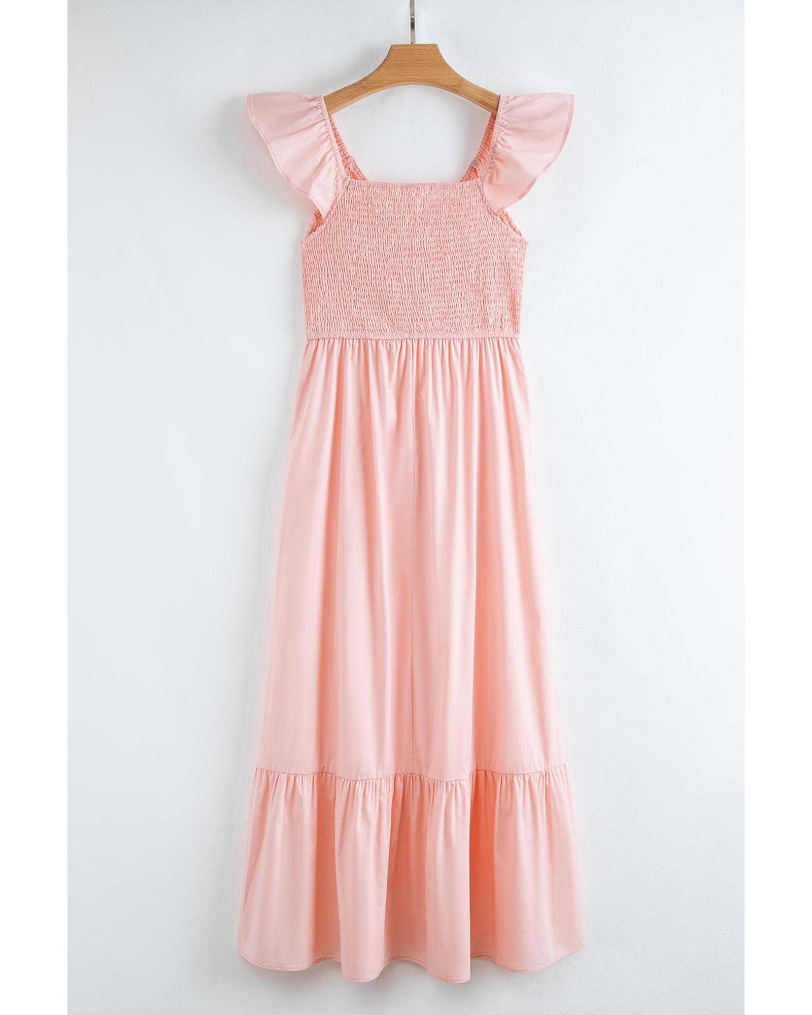 Pink V Neck Flutter Sleeve Smocked Bodice High Waist Ruffle Maxi Dress - XL 5