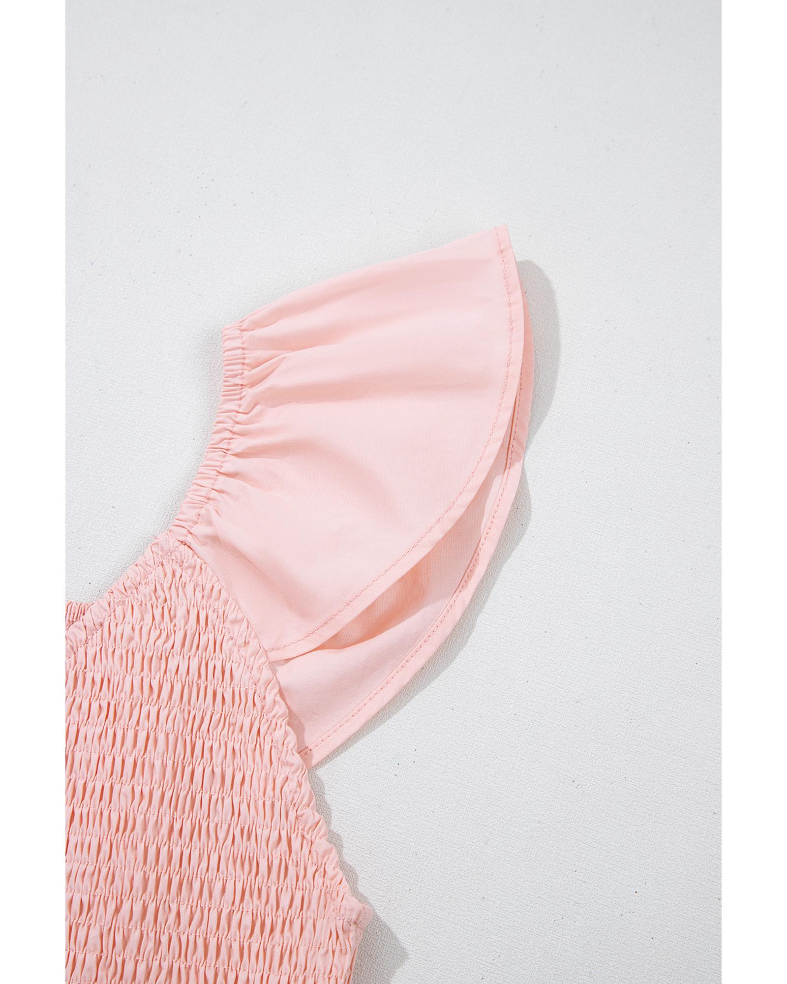 Pink V Neck Flutter Sleeve Smocked Bodice High Waist Ruffle Maxi Dress - XL 7