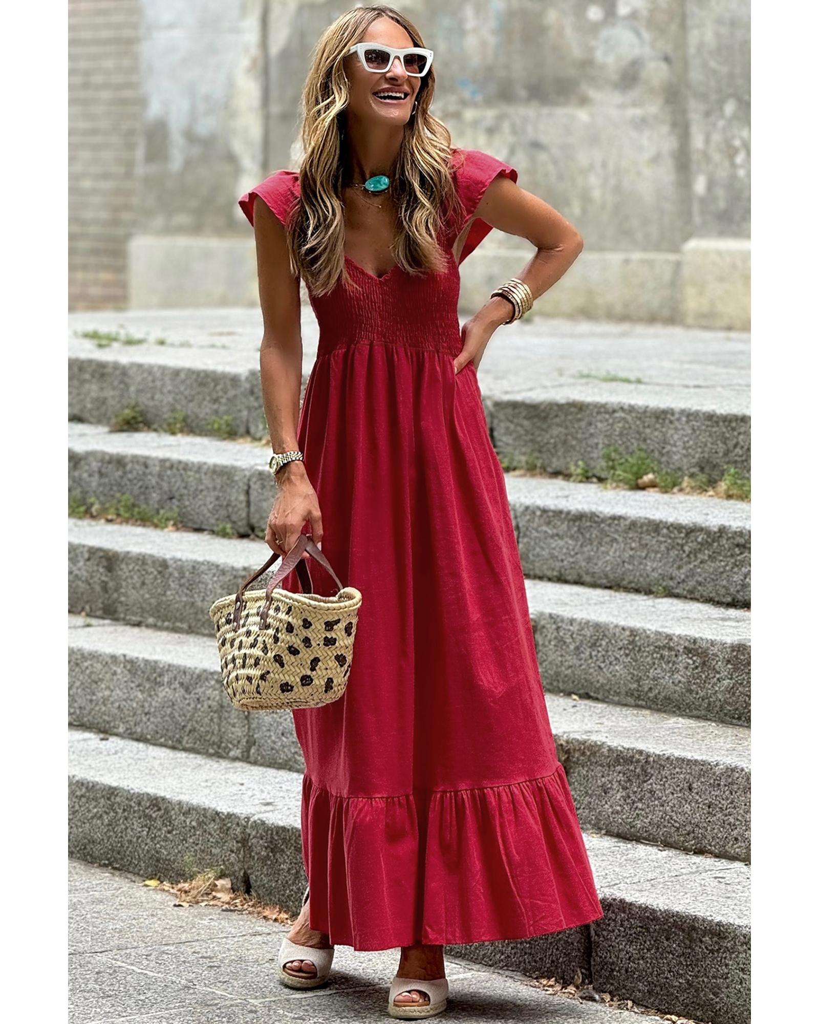 Fiery Red V Neck Flutter Sleeve Smocked Bodice High Waist Ruffle Maxi Dress - XL 5