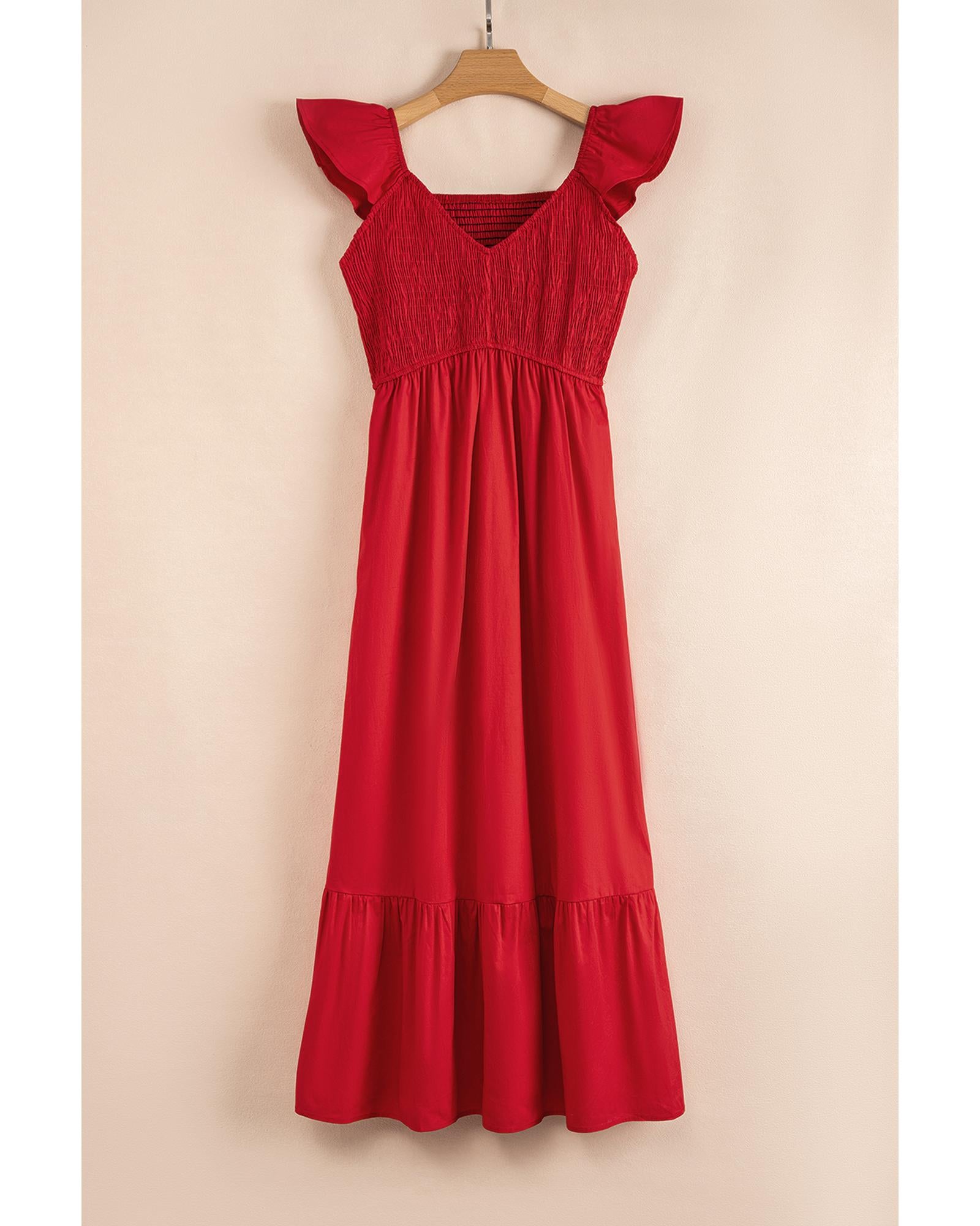Fiery Red V Neck Flutter Sleeve Smocked Bodice High Waist Ruffle Maxi Dress - XL 6