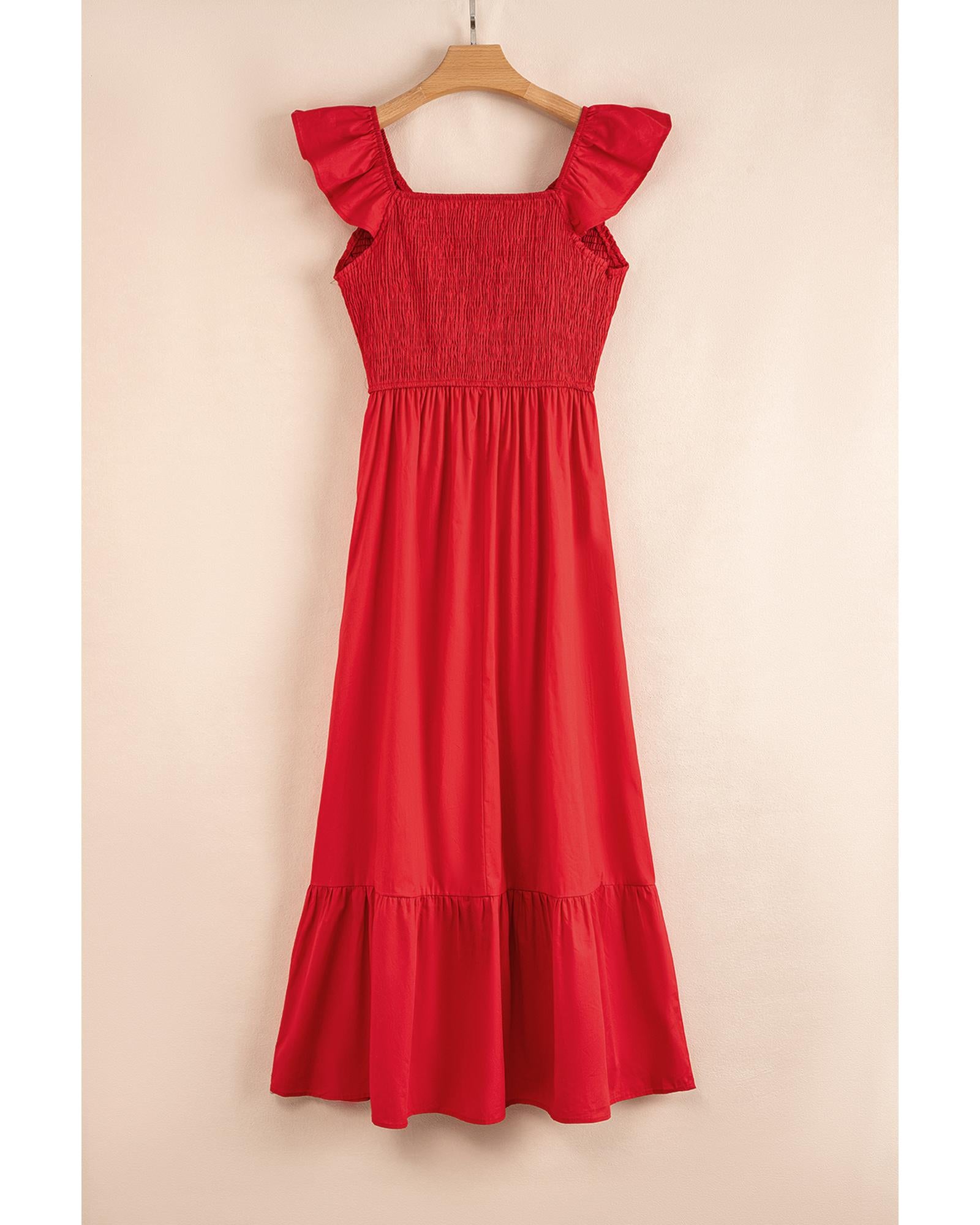 Fiery Red V Neck Flutter Sleeve Smocked Bodice High Waist Ruffle Maxi Dress - XL 7