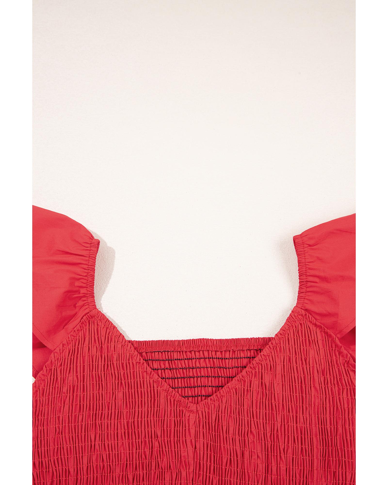 Fiery Red V Neck Flutter Sleeve Smocked Bodice High Waist Ruffle Maxi Dress - XL 8