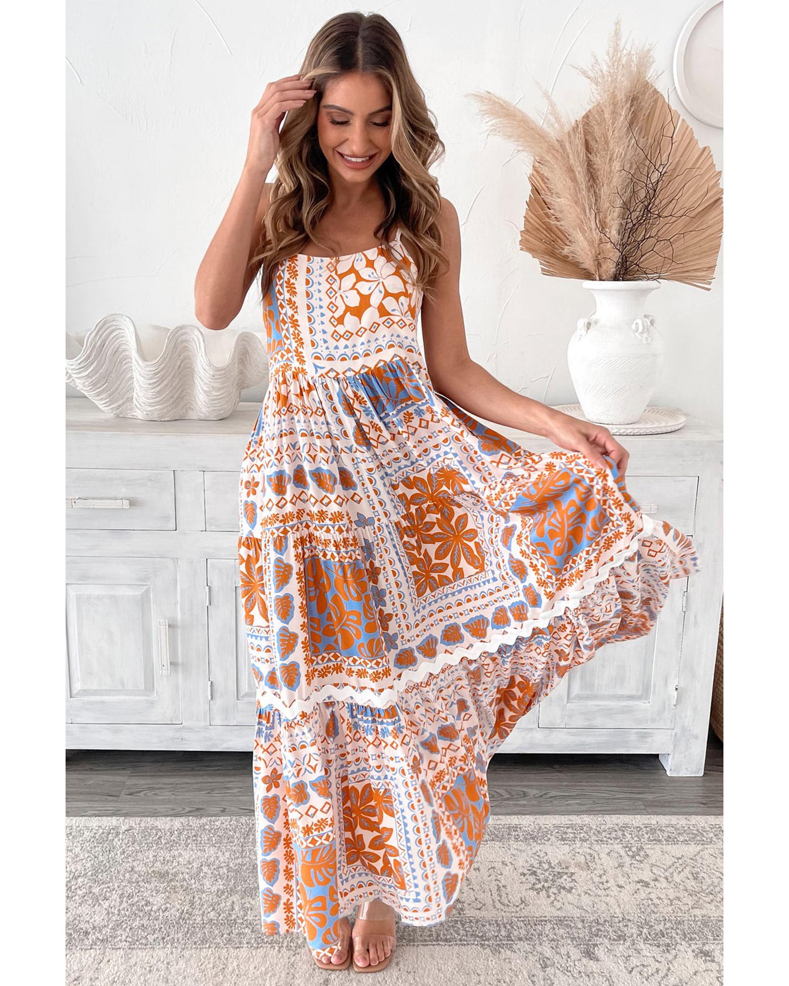 Orange Multi Printed Ricrac Trim Spaghetti Straps Maxi Dress - L 3