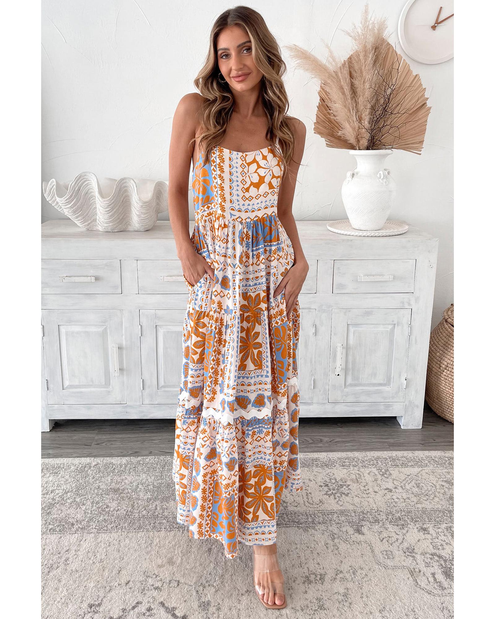 Orange Multi Printed Ricrac Trim Spaghetti Straps Maxi Dress - L 4
