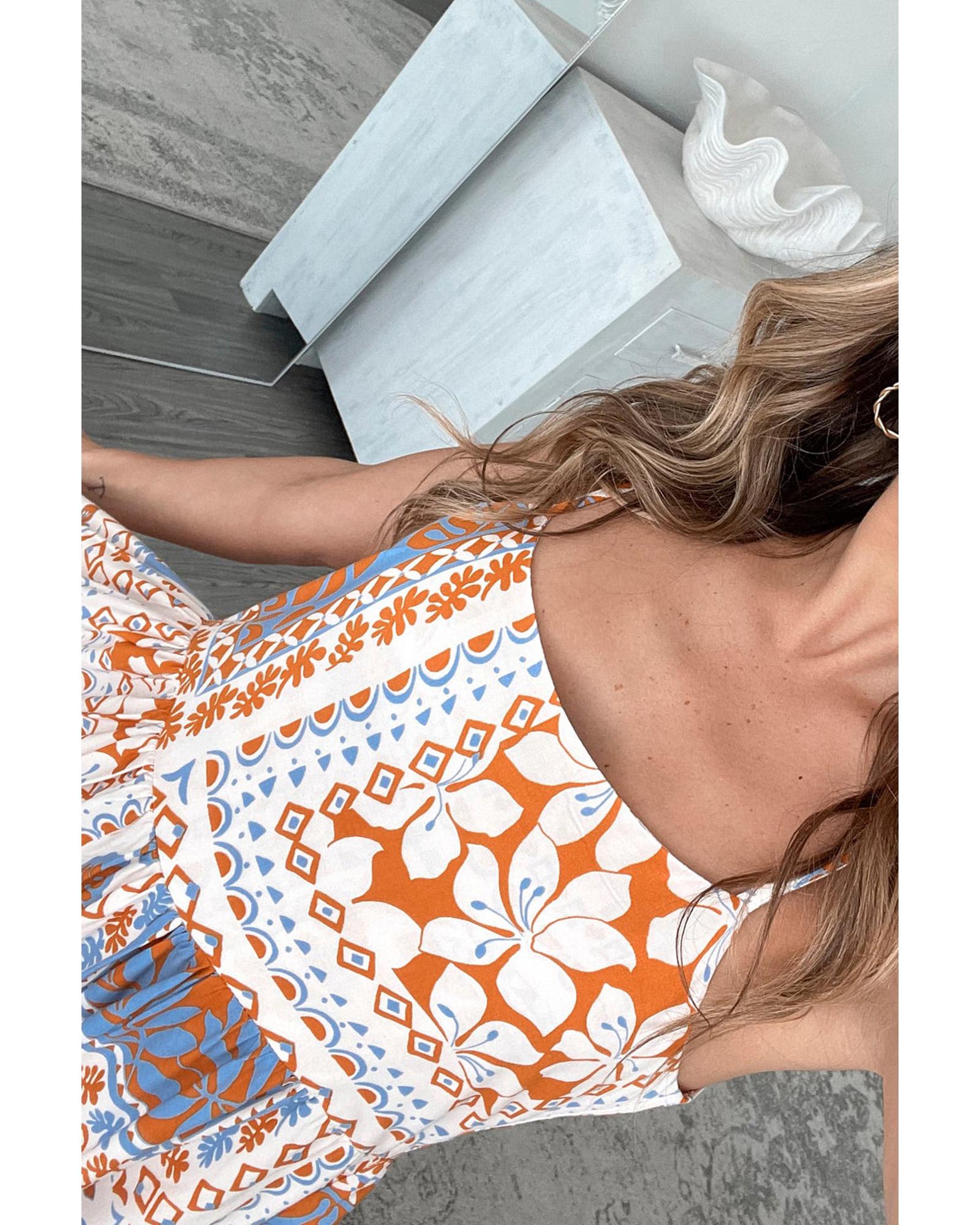 Orange Multi Printed Ricrac Trim Spaghetti Straps Maxi Dress - L 6