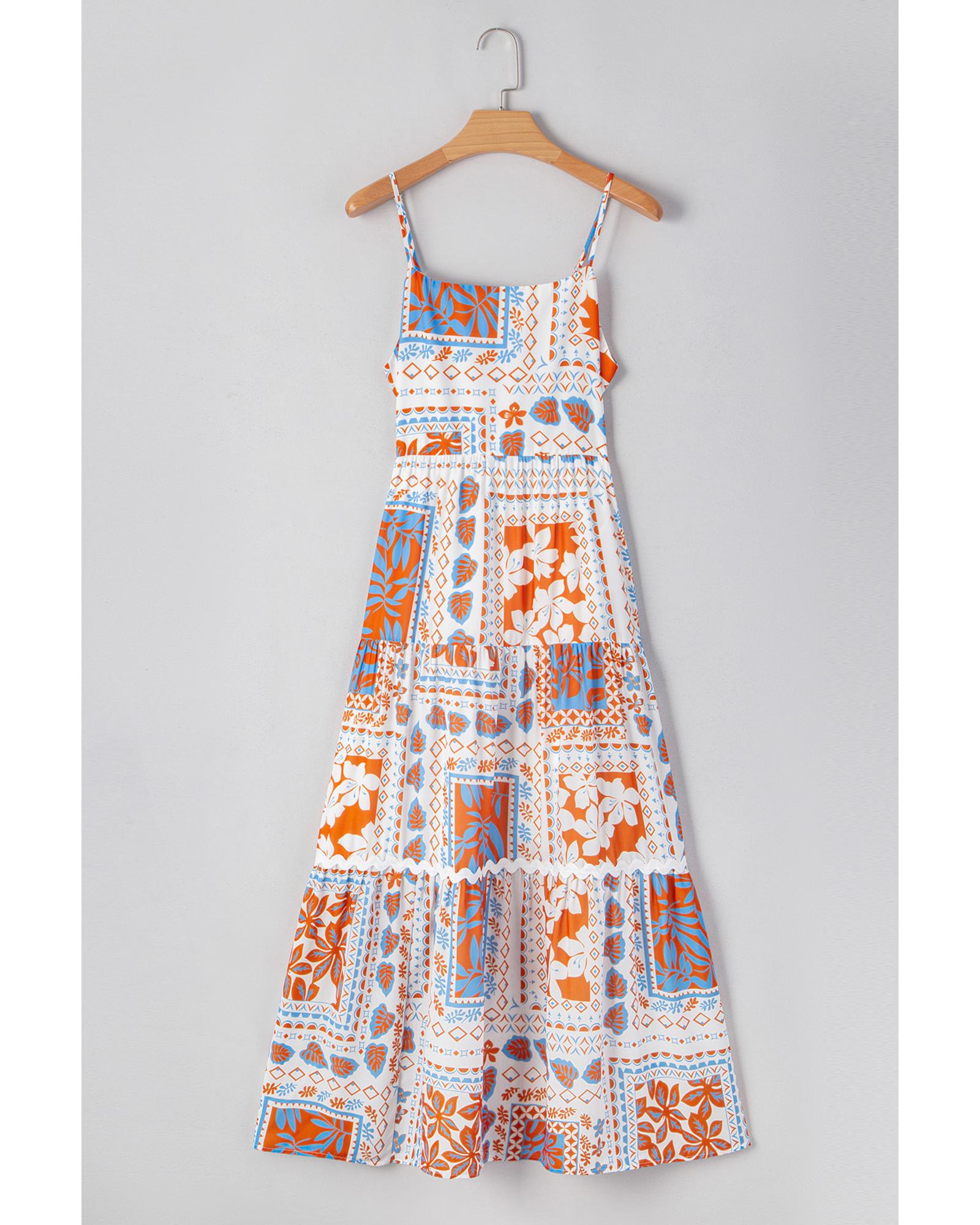 Orange Multi Printed Ricrac Trim Spaghetti Straps Maxi Dress - L 7