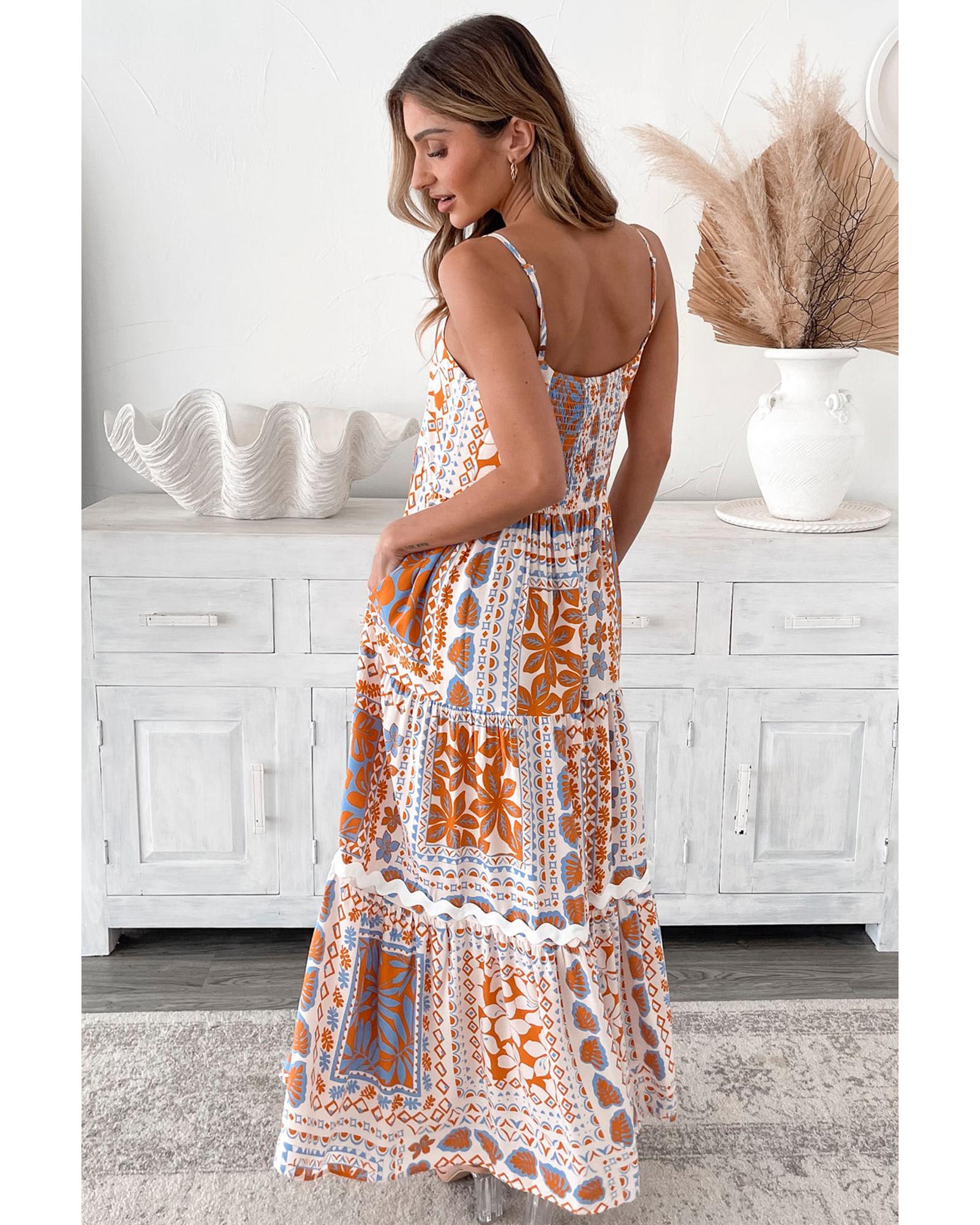 Orange Multi Printed Ricrac Trim Spaghetti Straps Maxi Dress - M