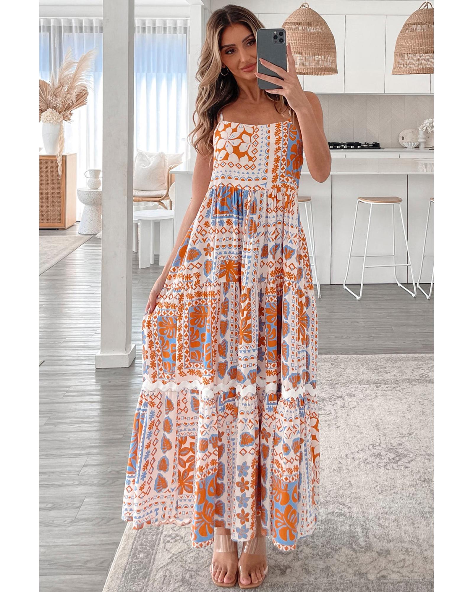 Orange Multi Printed Ricrac Trim Spaghetti Straps Maxi Dress - M 5