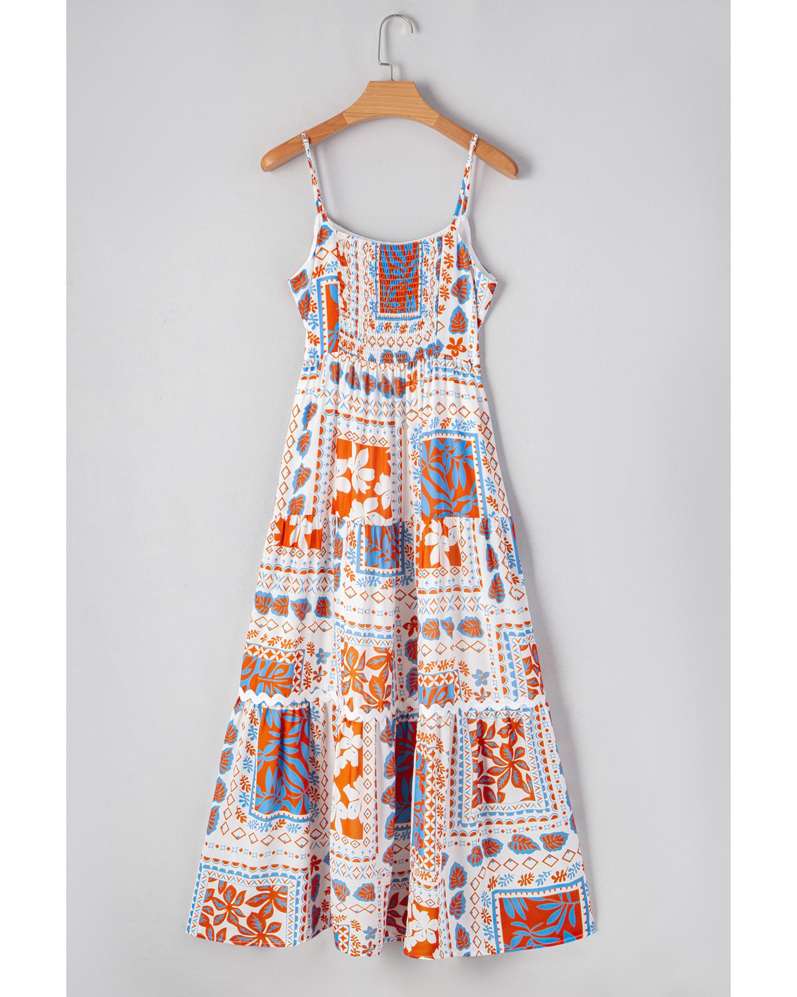 Orange Multi Printed Ricrac Trim Spaghetti Straps Maxi Dress - M 8