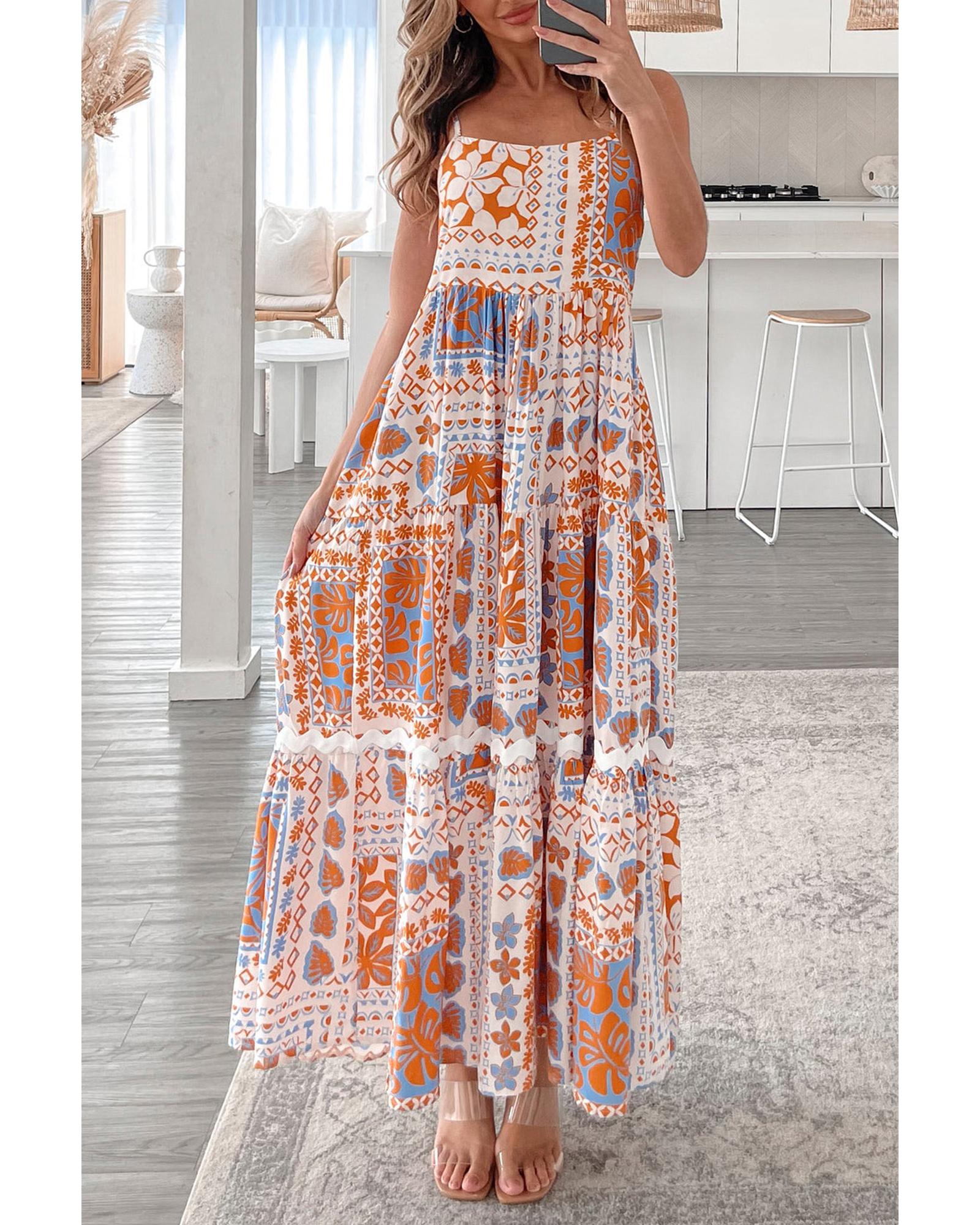 Orange Multi Printed Ricrac Trim Spaghetti Straps Maxi Dress - XL