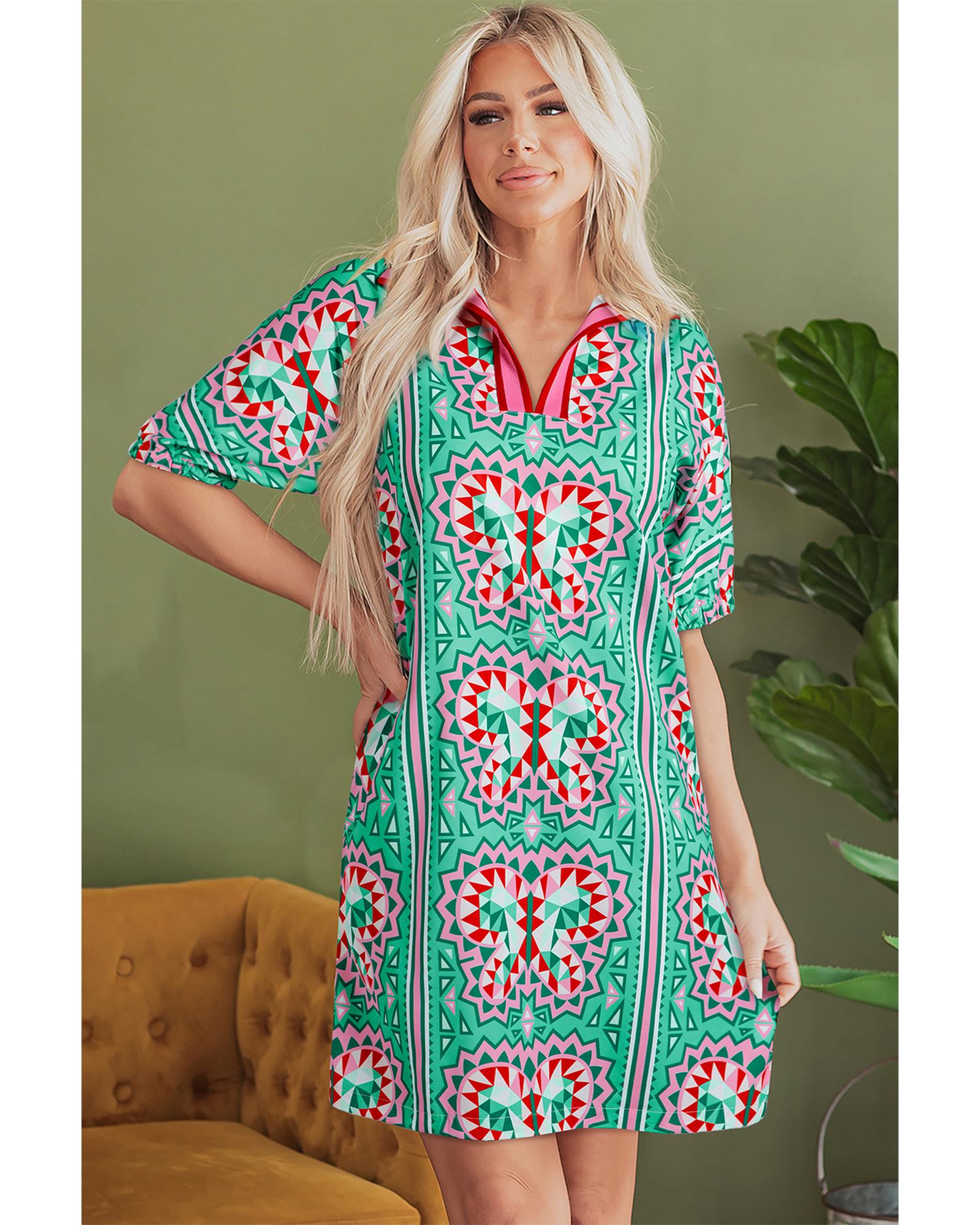Mint Green Geometric Butterfly Print Split Neck Short Sleeve Dress - M