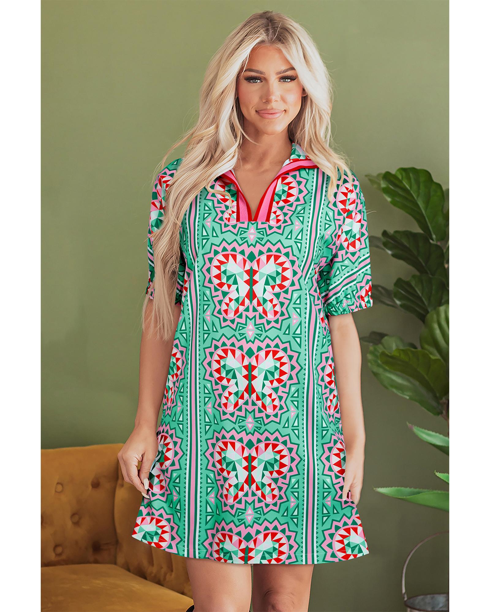 Mint Green Geometric Butterfly Print Split Neck Short Sleeve Dress - M 4