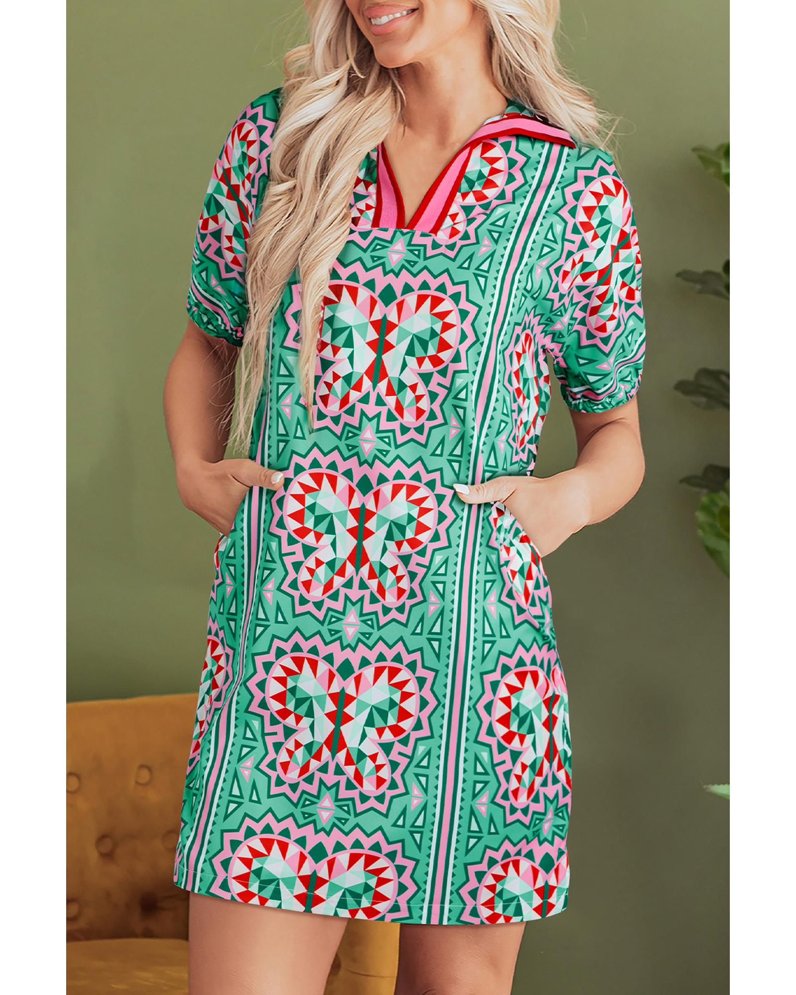 Mint Green Geometric Butterfly Print Split Neck Short Sleeve Dress - M 5