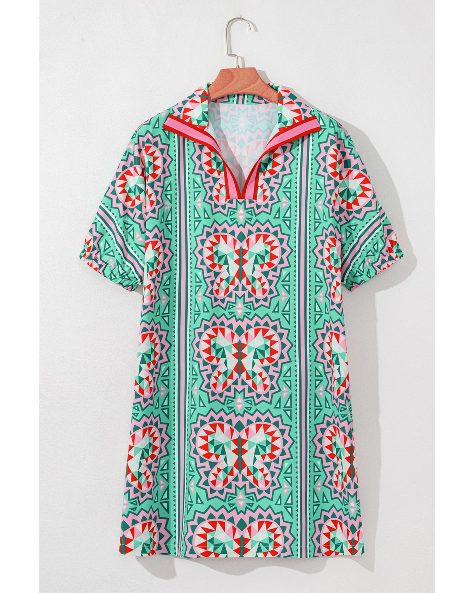 Mint Green Geometric Butterfly Print Split Neck Short Sleeve Dress - M 6