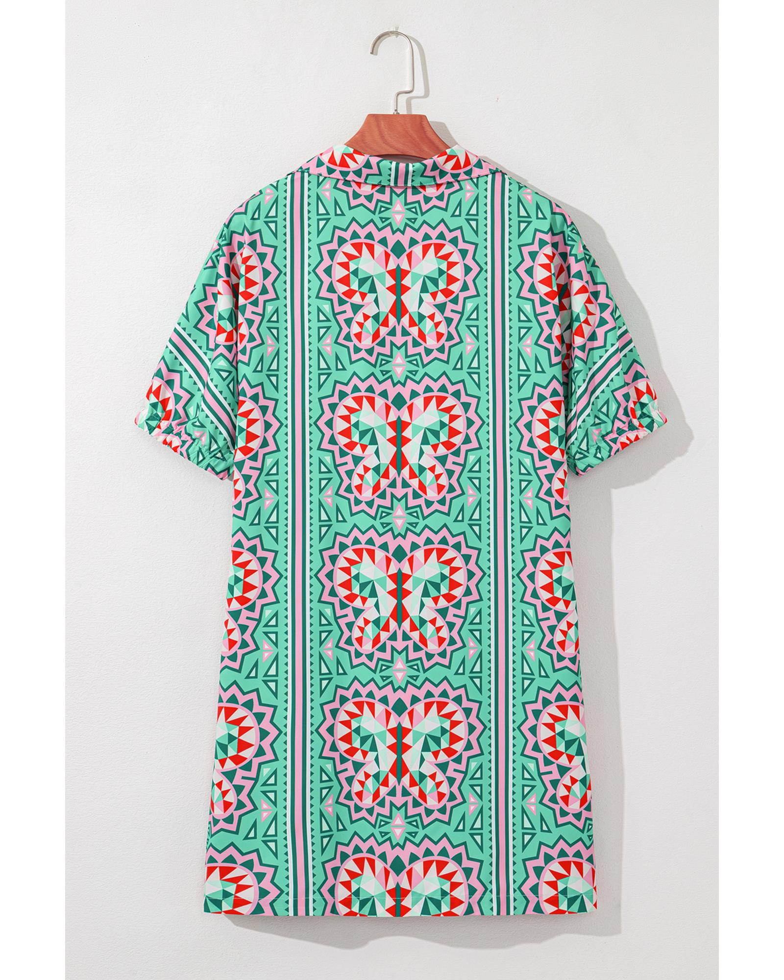 Mint Green Geometric Butterfly Print Split Neck Short Sleeve Dress - M 7