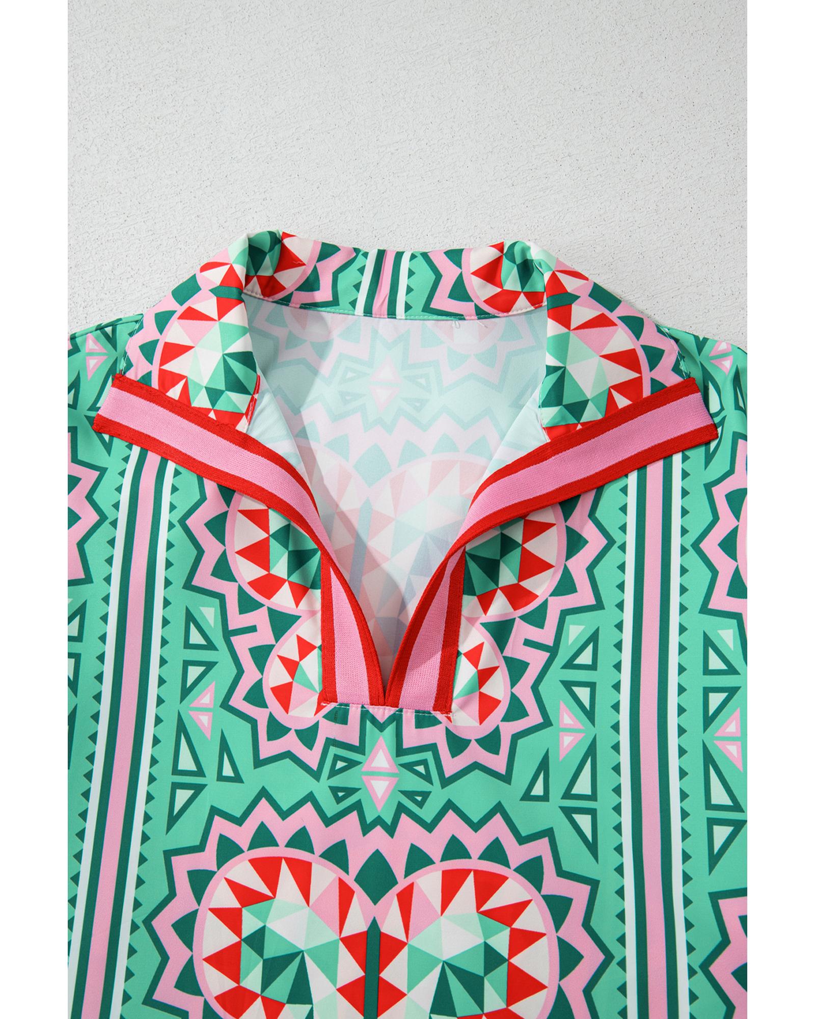 Mint Green Geometric Butterfly Print Split Neck Short Sleeve Dress - M 8