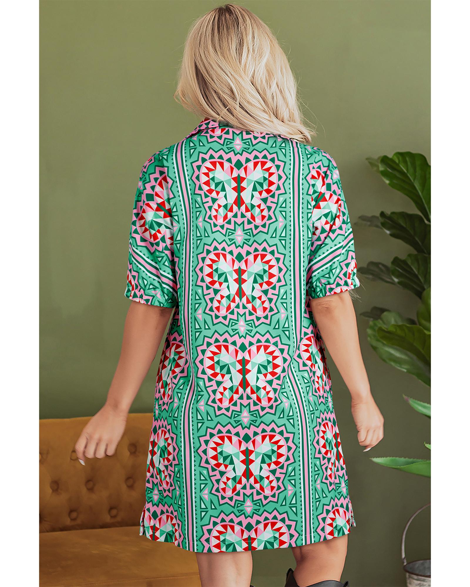 Mint Green Geometric Butterfly Print Split Neck Short Sleeve Dress - XL
