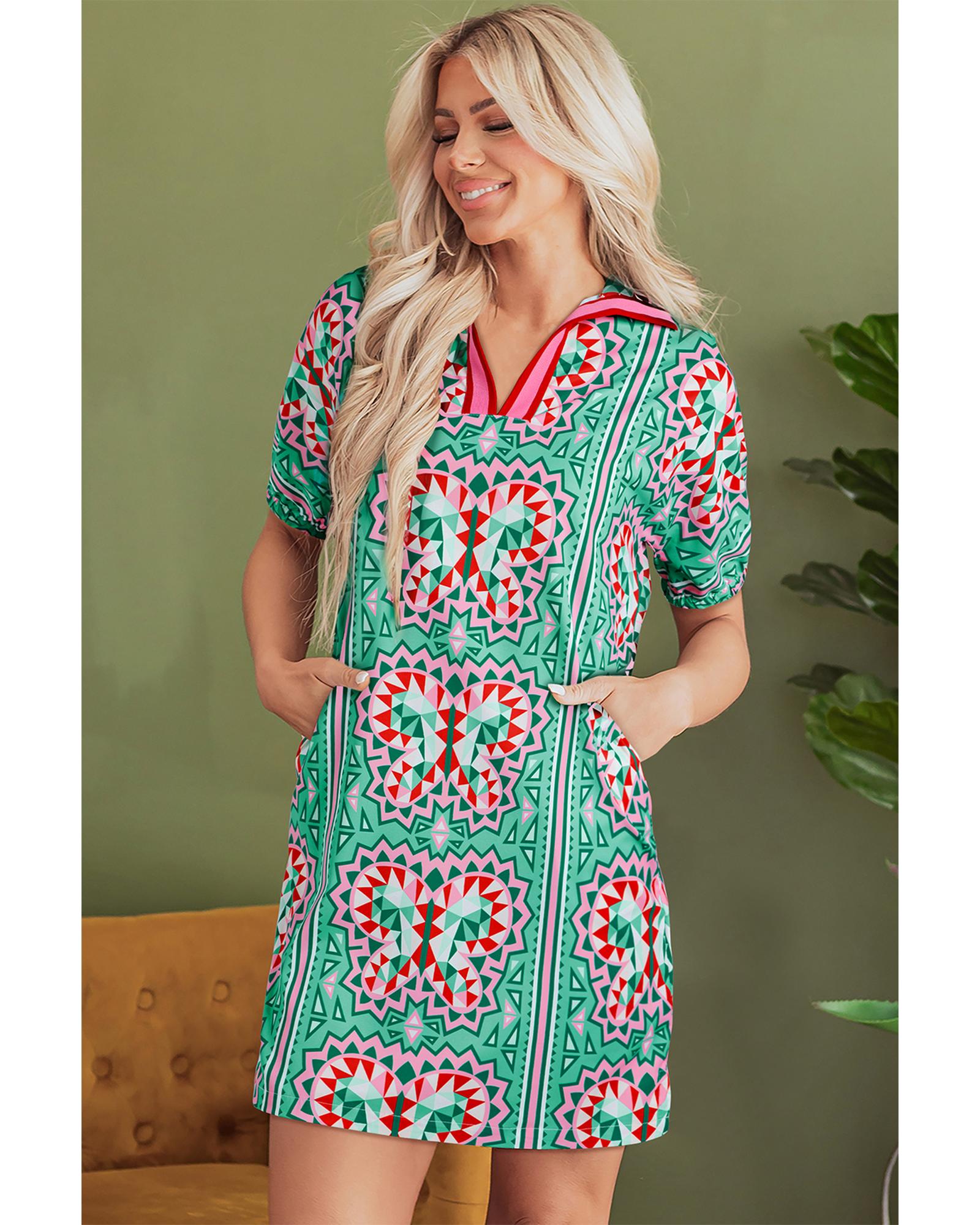 Mint Green Geometric Butterfly Print Split Neck Short Sleeve Dress - XL 3