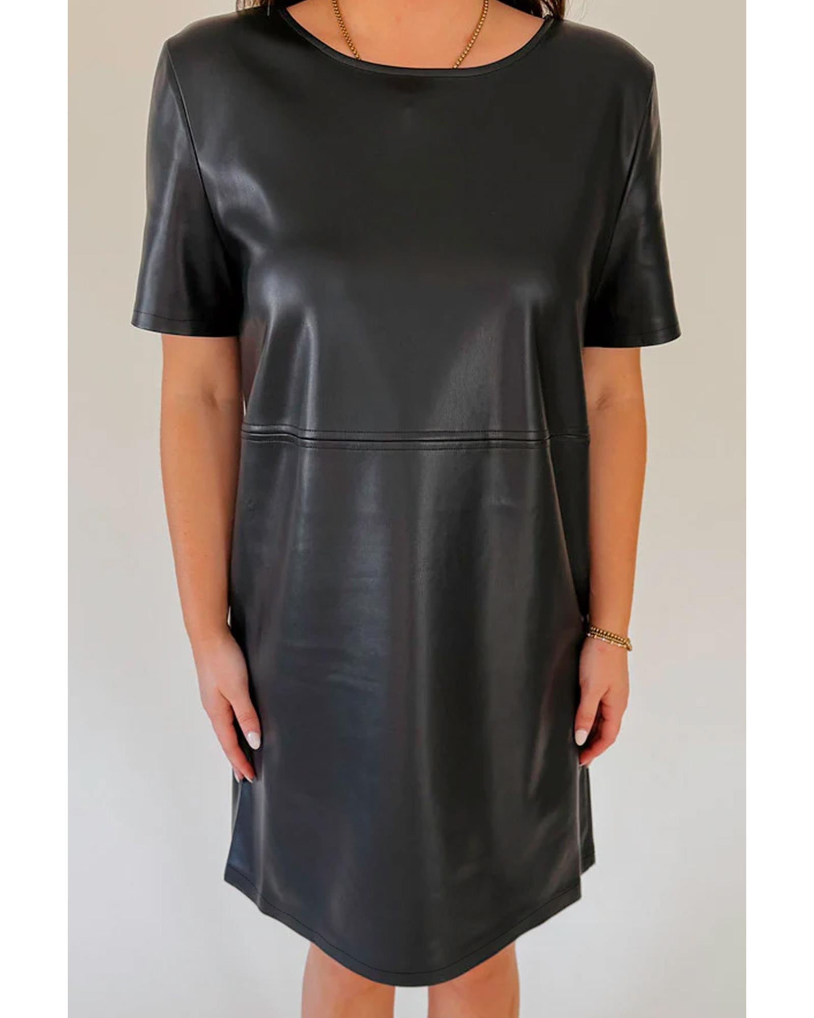 Black Faux Leather Loose T-shirt Dress - L
