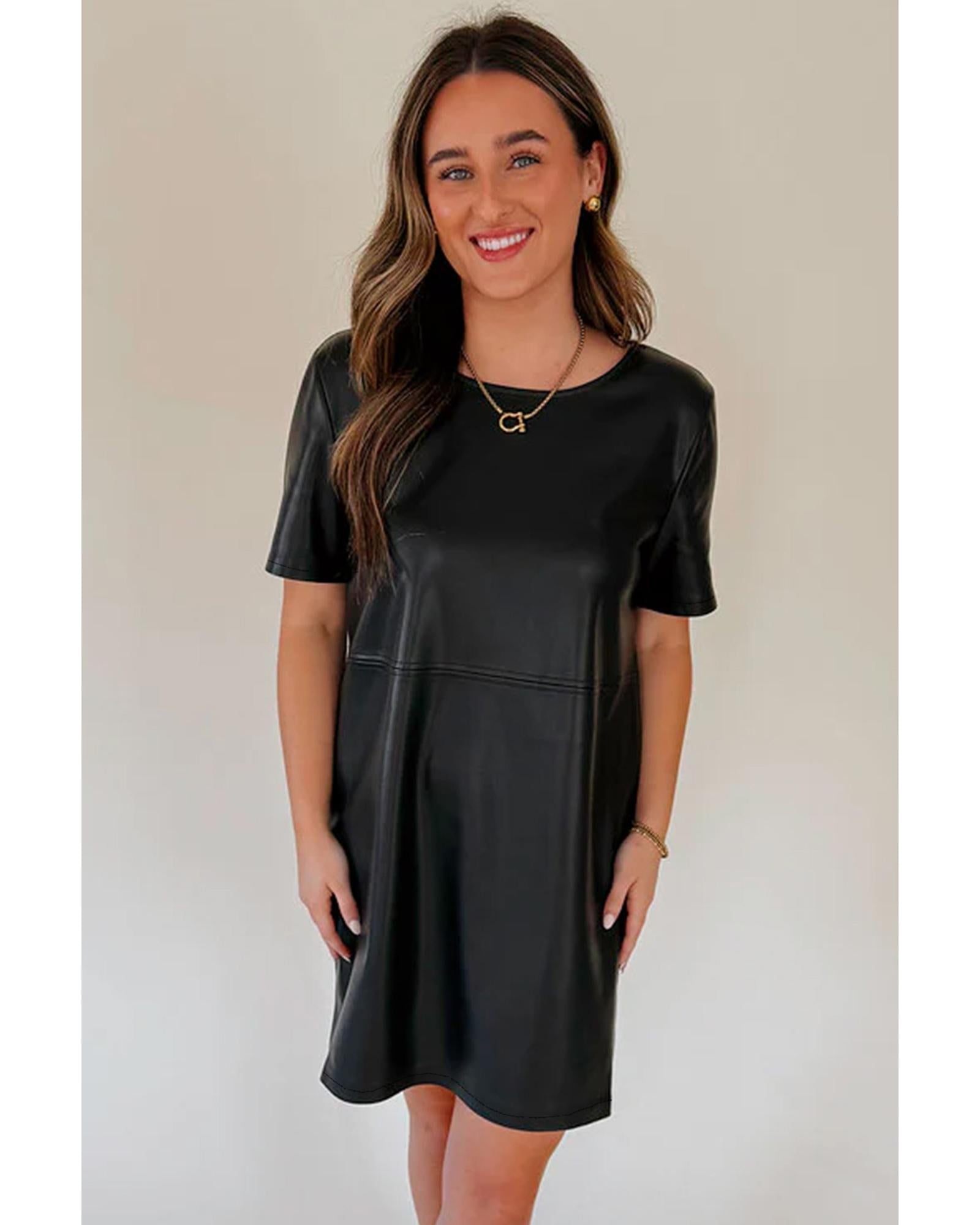 Black Faux Leather Loose T-shirt Dress - L 4