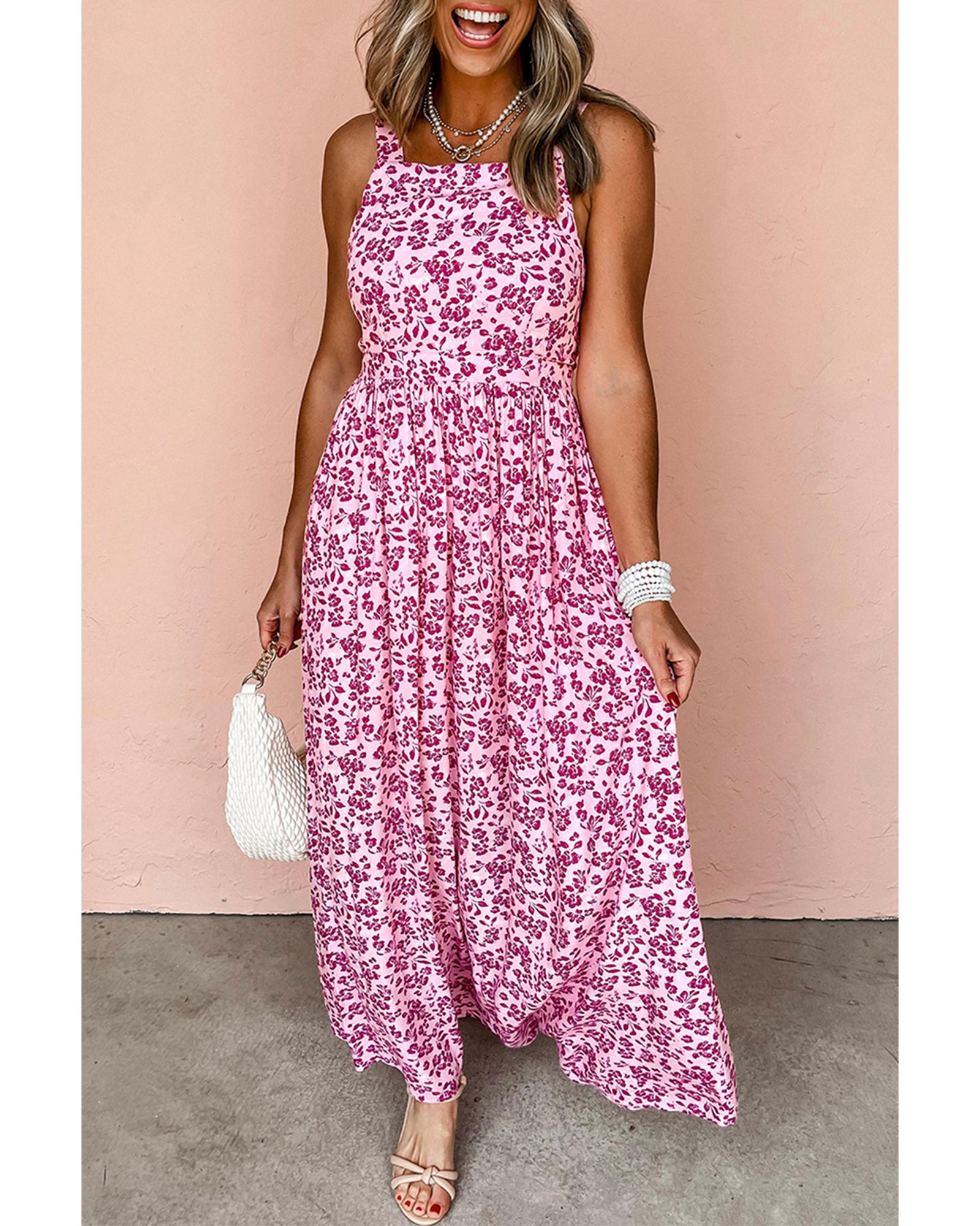 Pink Floral Cutout Back Empire Waist Sleeveless Maxi Dress - M