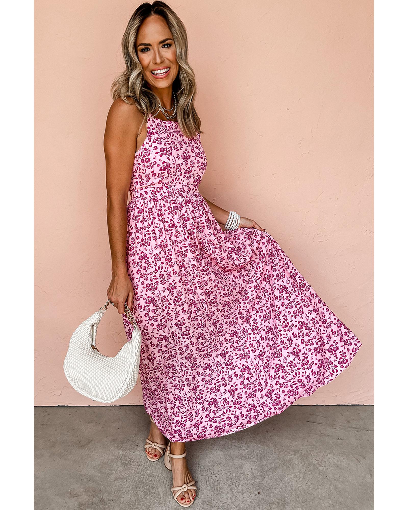 Pink Floral Cutout Back Empire Waist Sleeveless Maxi Dress - M 3