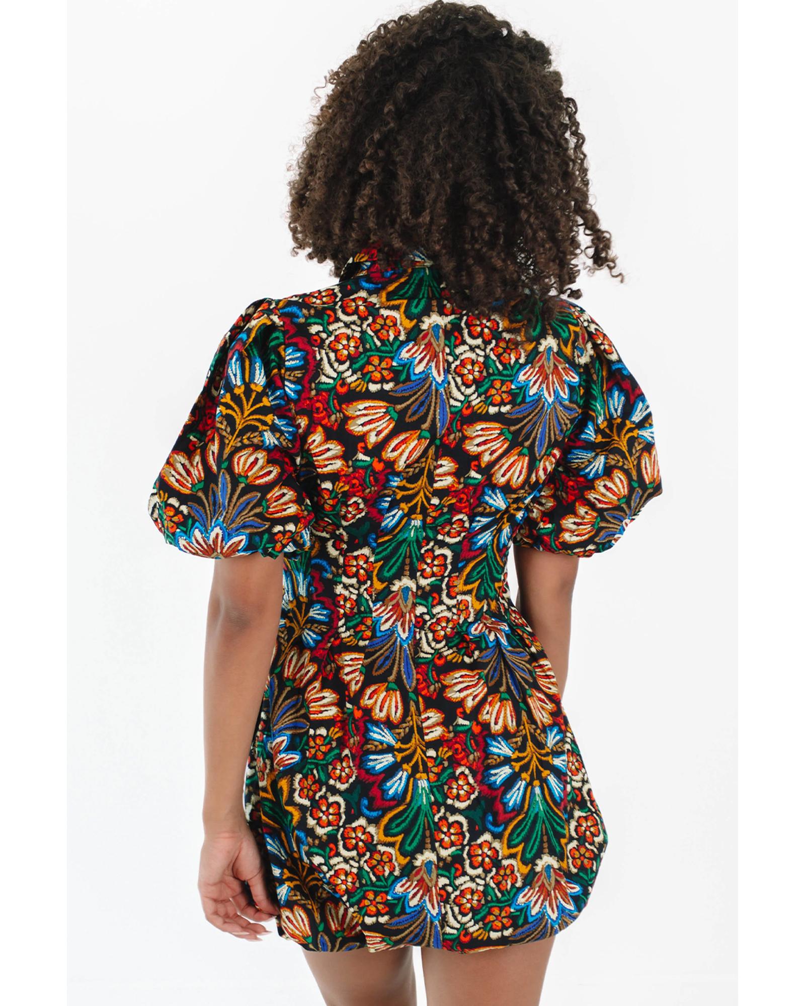 Multicolour Floral Puff Short Sleeve Shirt Mini Dress - M
