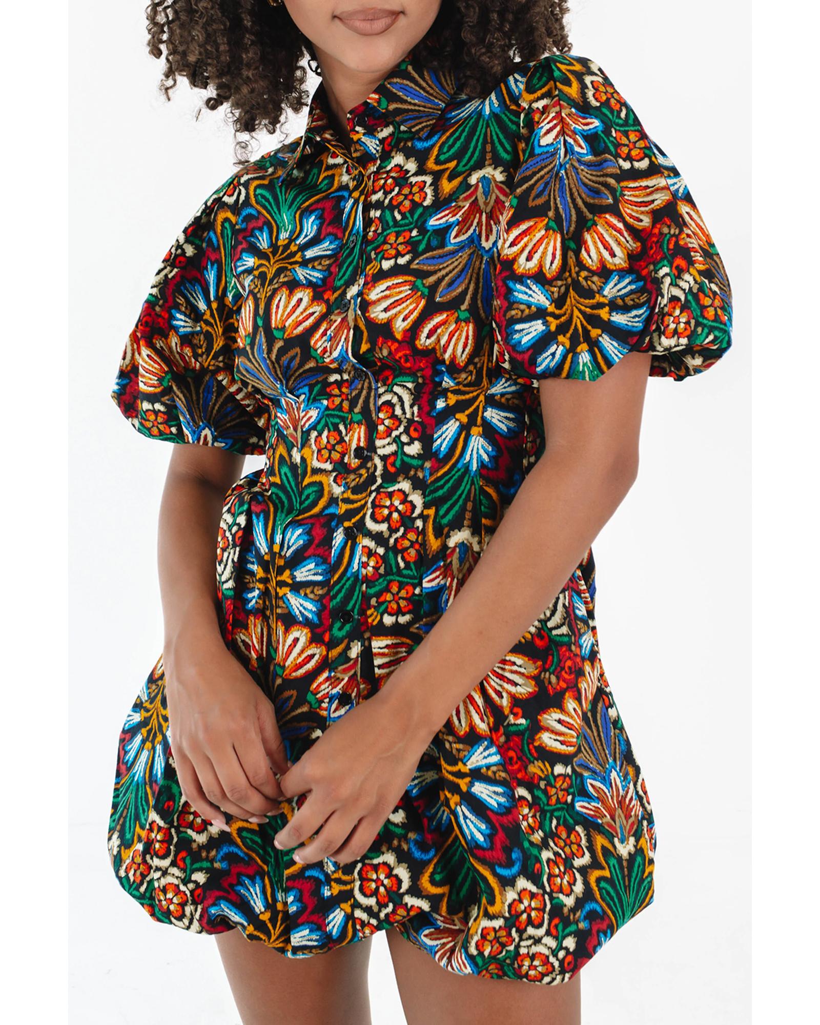 Multicolour Floral Puff Short Sleeve Shirt Mini Dress - XL