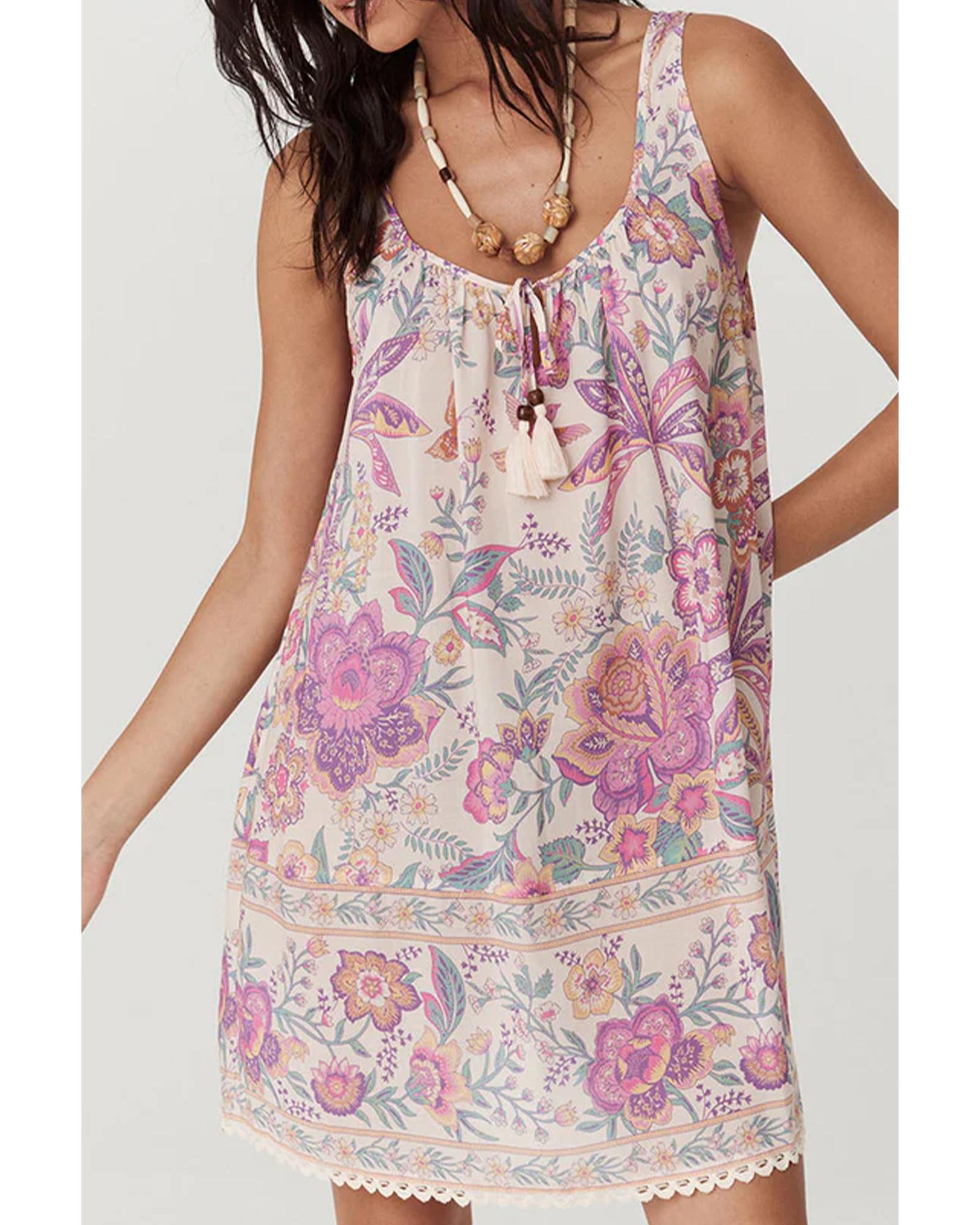 Multicolour Floral Print Fringed Tie U Neck Sleeveless Mini Dress - M