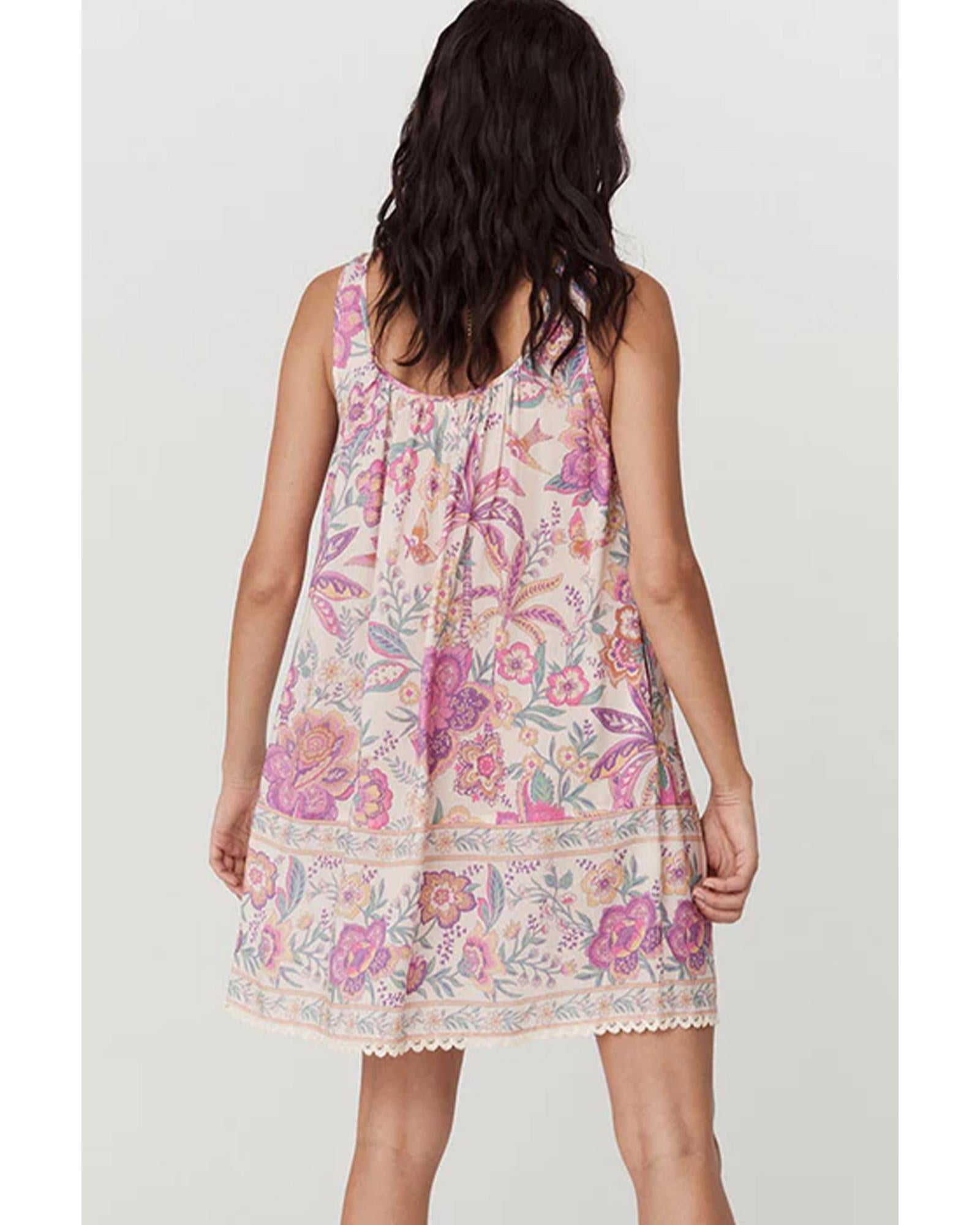 Multicolour Floral Print Fringed Tie U Neck Sleeveless Mini Dress - M