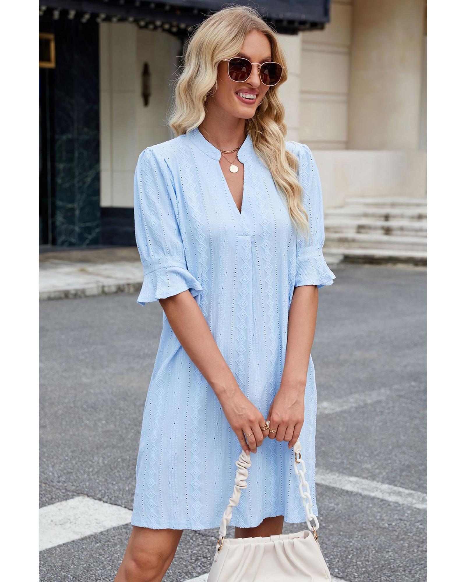 Beau Blue Jacquard Texture Flared Short Sleeve Notched Neck Mini Dress - L 5