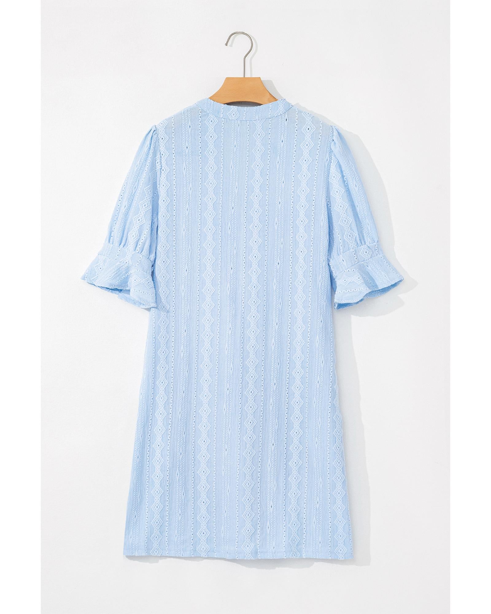 Beau Blue Jacquard Texture Flared Short Sleeve Notched Neck Mini Dress - L 7