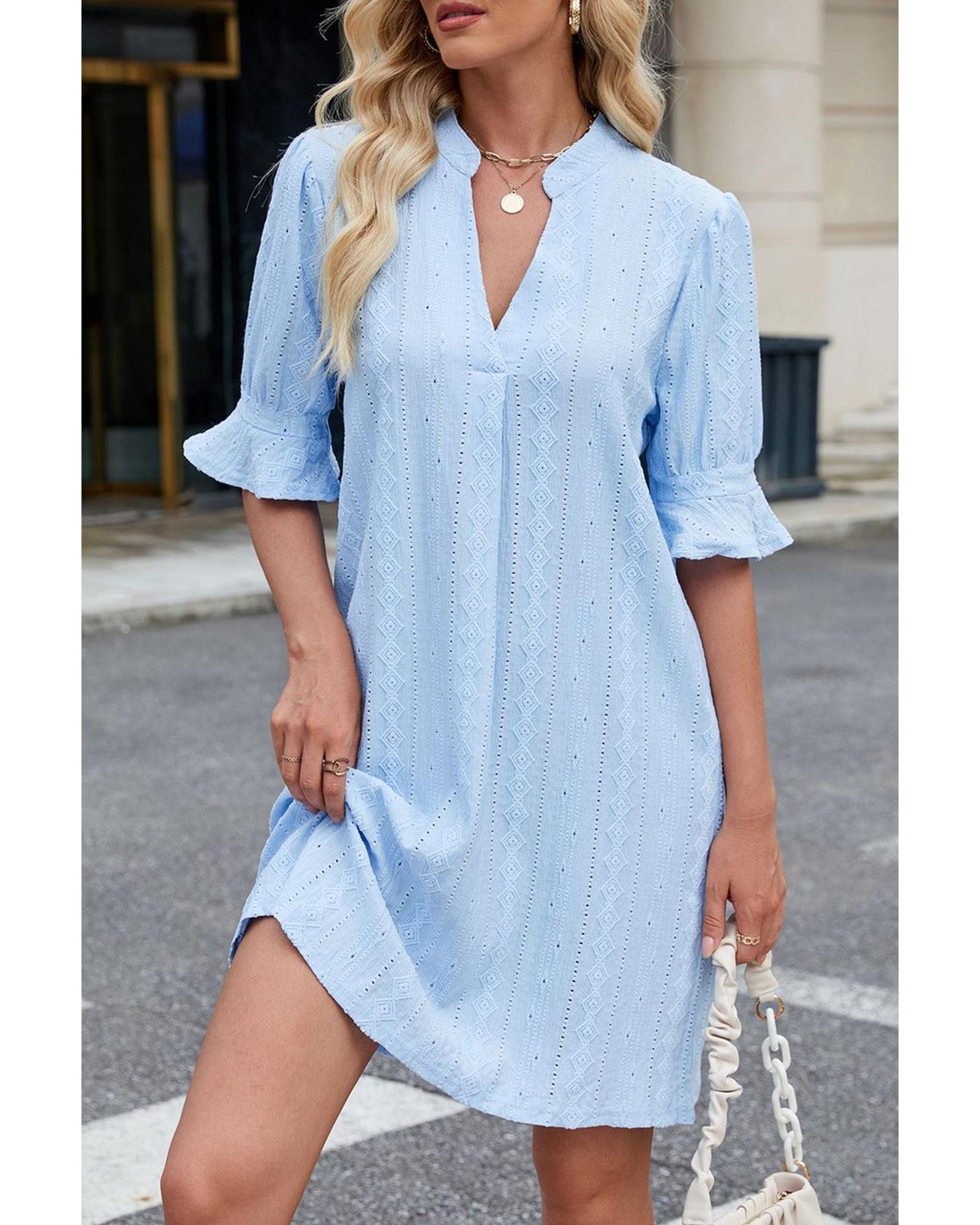 Beau Blue Jacquard Texture Flared Short Sleeve Notched Neck Mini Dress - M